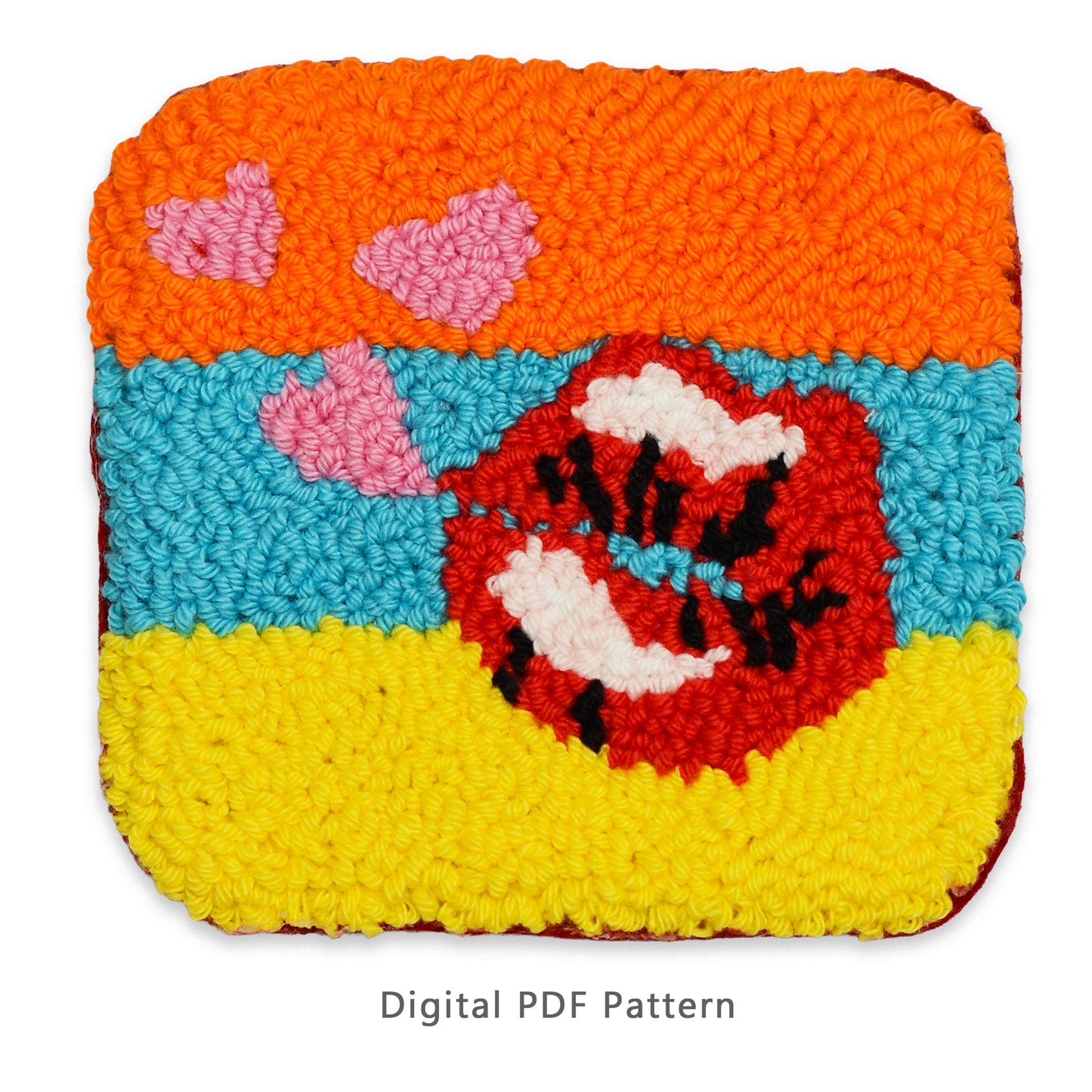 Colorful punch needle coaster pattern featuring red lips on a turquoise and yellow background with pink hearts on bright orange, digital PDF download.