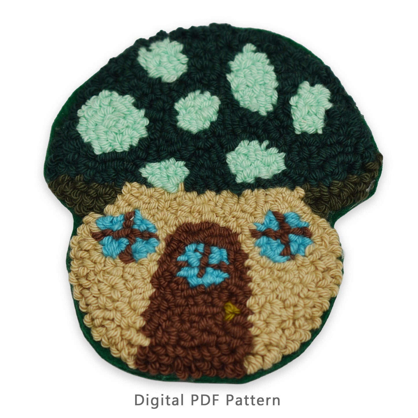 Punch needle mushroom house coaster pattern PDF, cottagecore mushroom rug design digital download