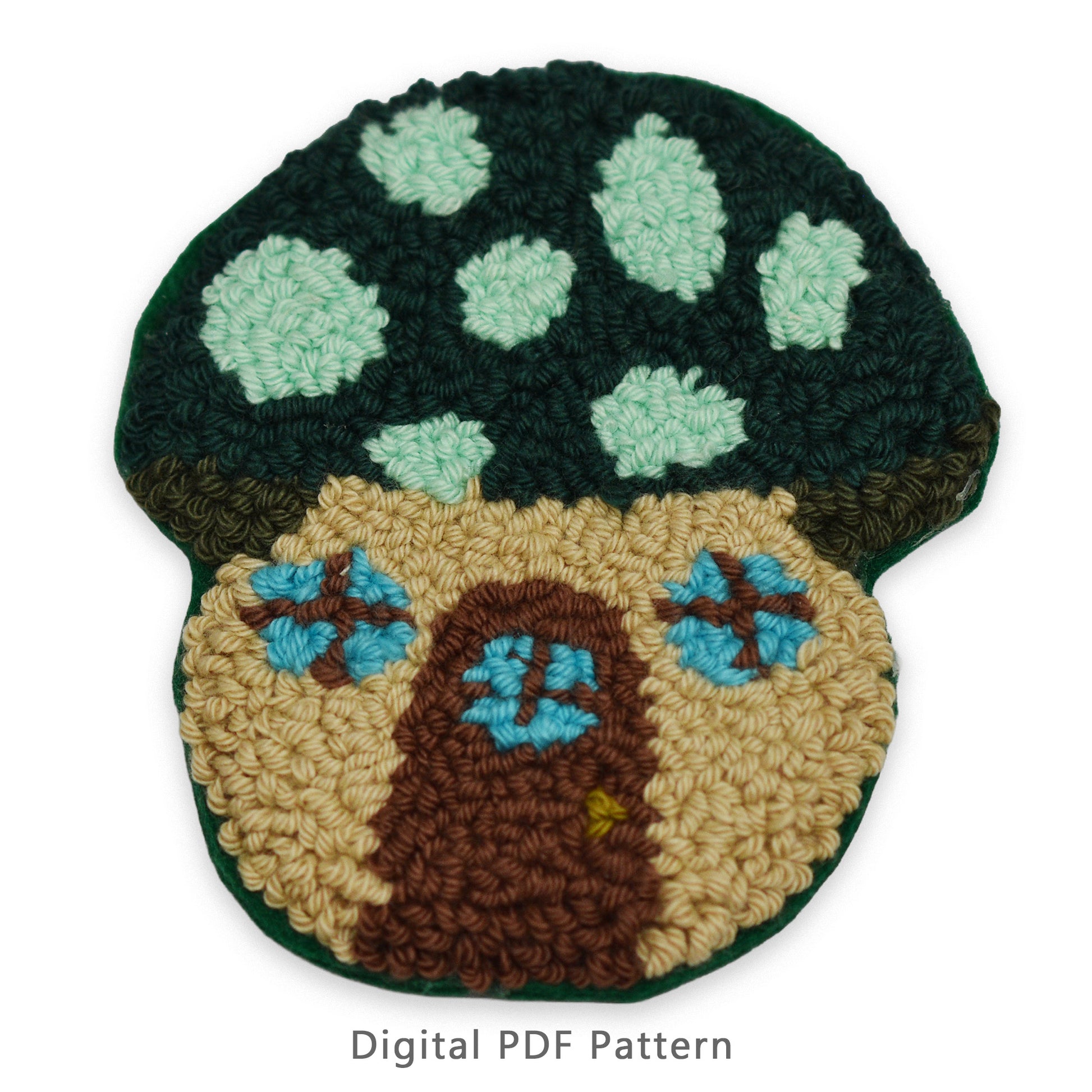 Punch needle mushroom house coaster pattern PDF, cottagecore mushroom rug design digital download