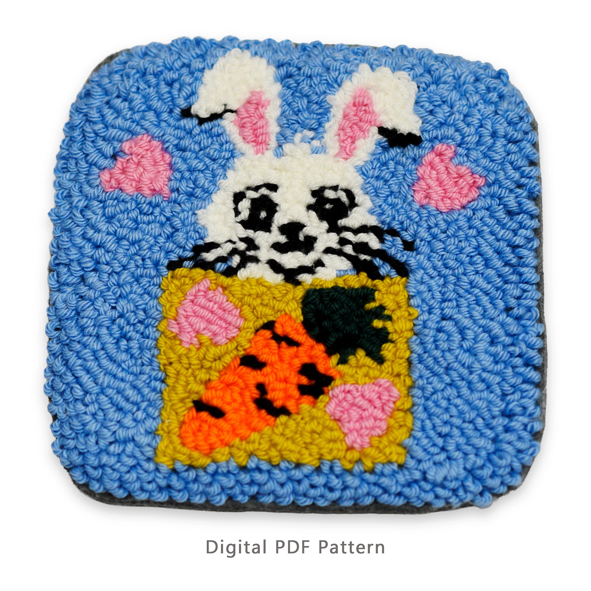 Punch needle Easter bunny in a box coaster digital PDF pattern with carrot and hearts on white background