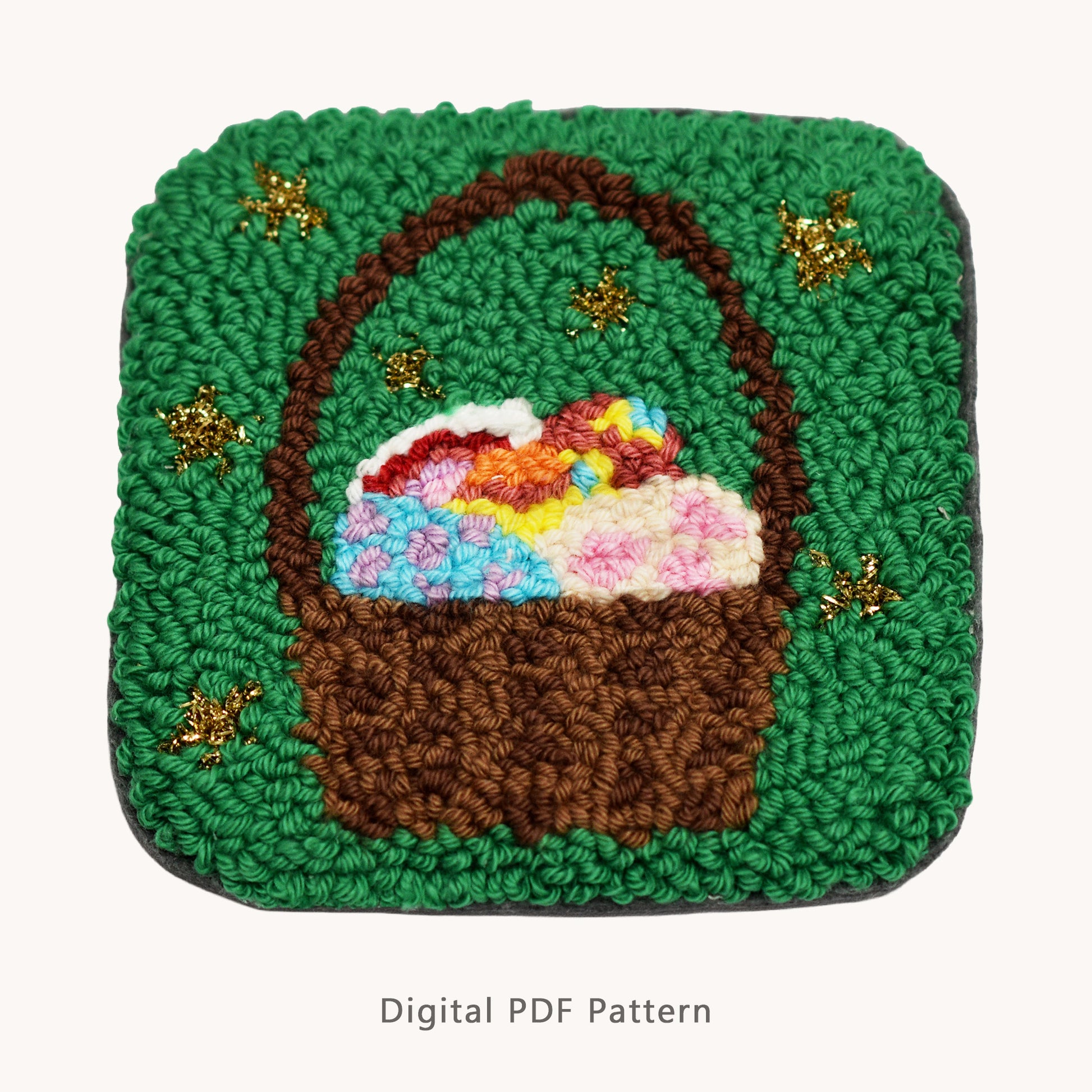 Easter basket punch needle coaster pattern with colorful eggs on green background, digital PDF download, spring rug mug mat design