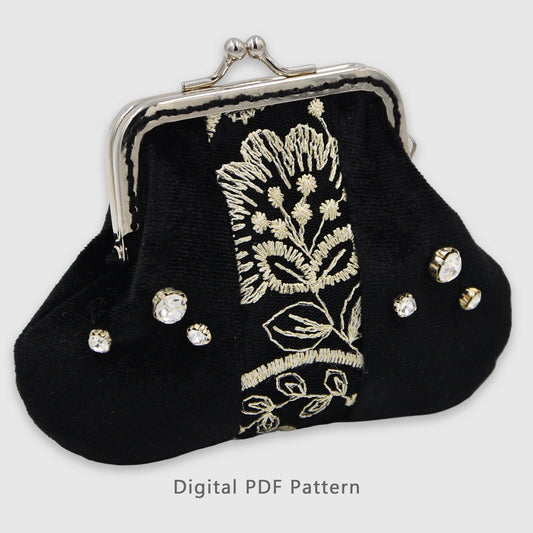 Black velvet clasp coin purse with lace embroidery and rhinestones, vintage metal frame purse sewing pattern, digital PDF with video tutorial.