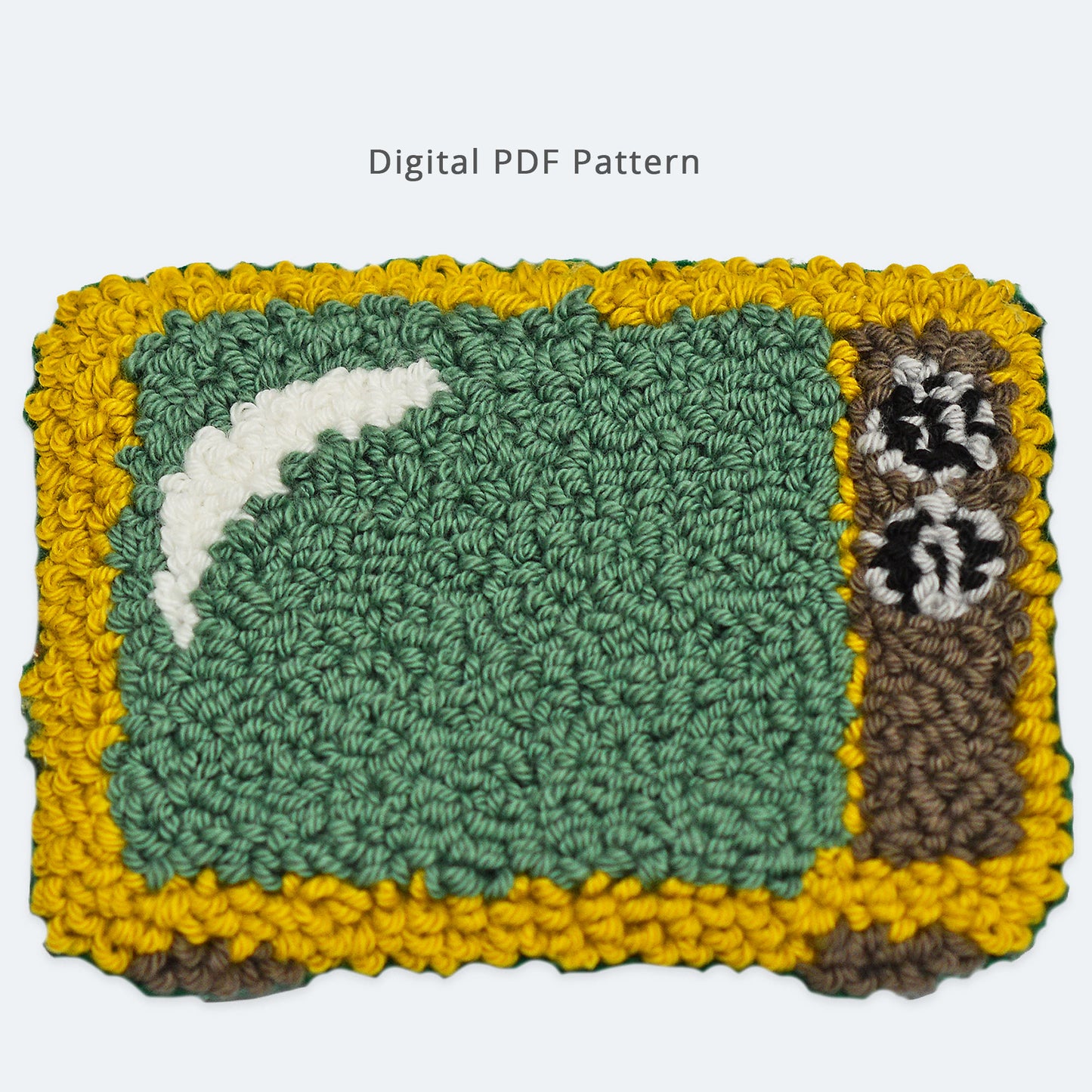 Retro television punch needle coaster digital PDF pattern featuring a vintage TV with green screen and yellow frame, beginner-friendly embroidery coaster tutorial with printable template and step-by-step instructions.