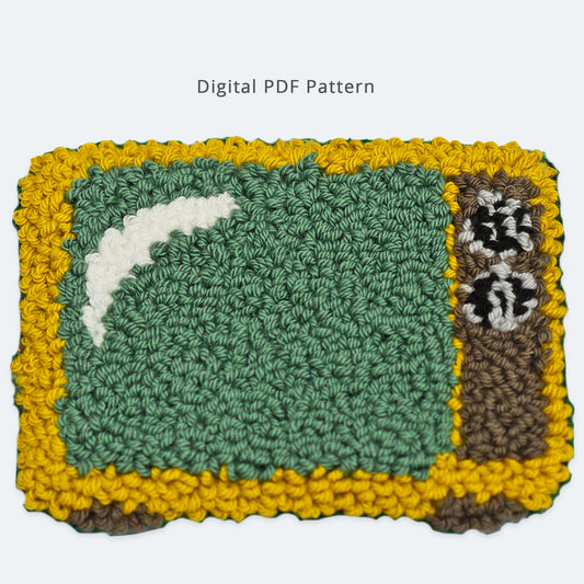 Retro television punch needle coaster digital PDF pattern featuring a vintage TV with green screen and yellow frame, beginner-friendly embroidery coaster tutorial with printable template and step-by-step instructions.