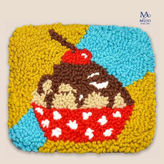 Punch needle ice cream sundae coaster pattern with chocolate, vanilla and whipped cream in a red polka dot bowl. Digital PDF embroidery pattern by Mujo Atelier.
