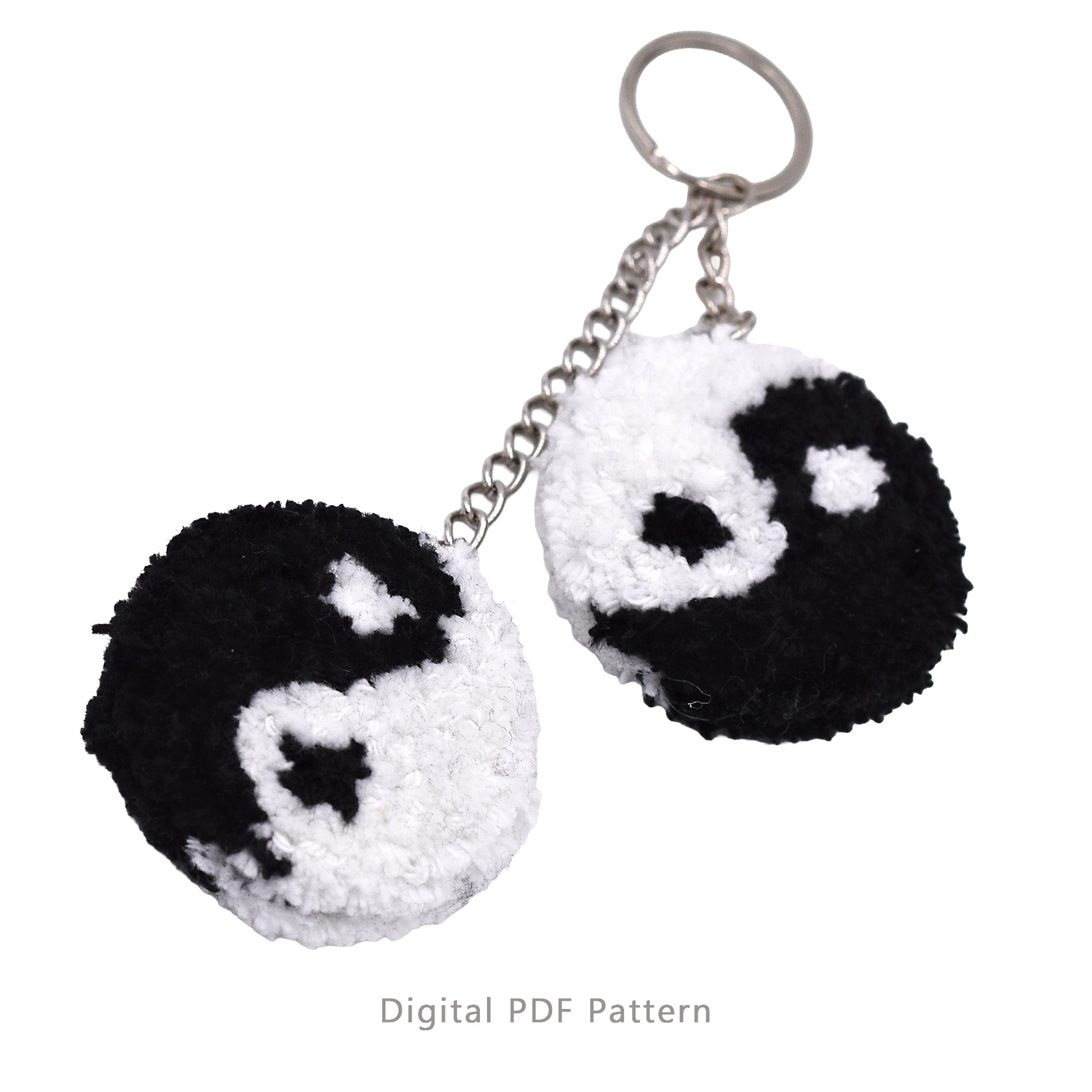 Yin Yang punch needle keychain digital PDF pattern, black and white fluffy handmade key ring design.