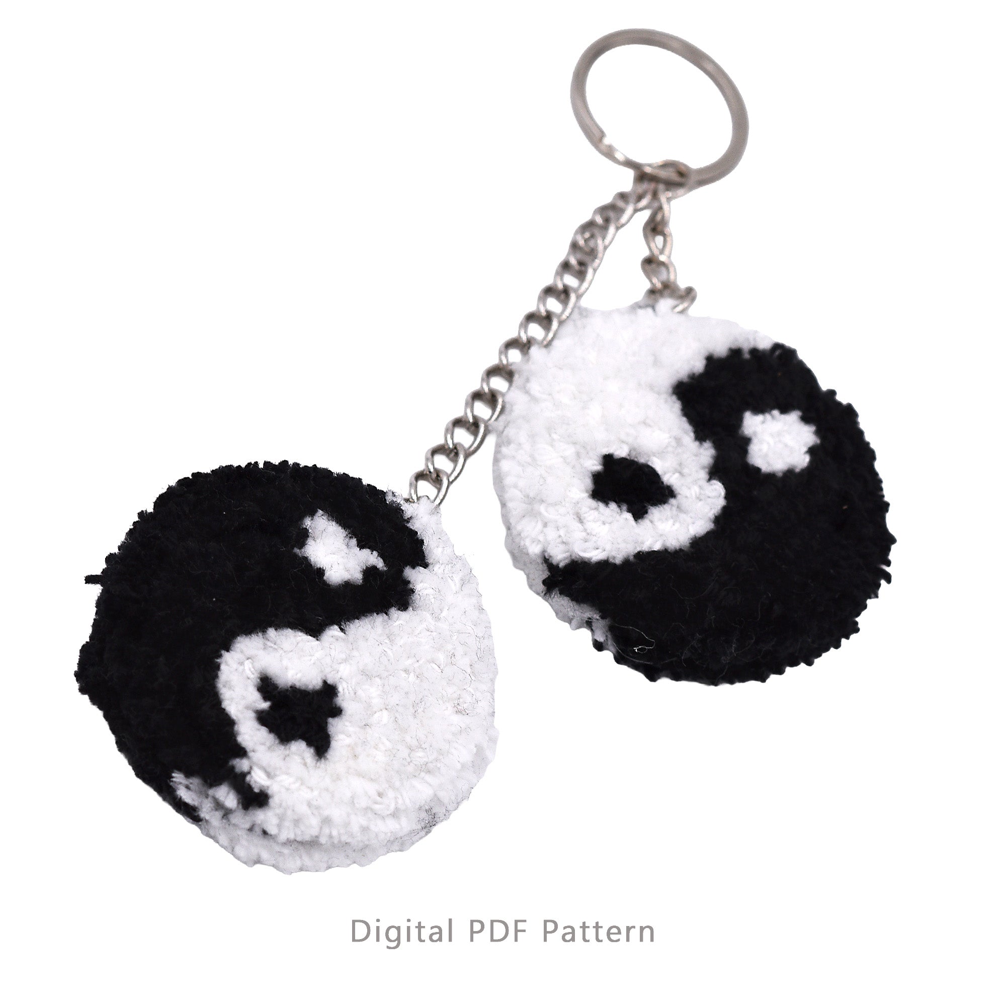 Yin Yang punch needle keychain digital PDF pattern, black and white fluffy handmade key ring design.