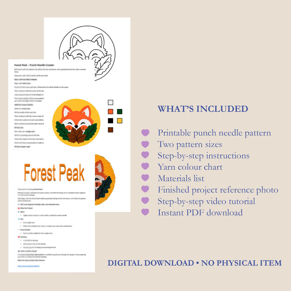 Digital product listing graphic for a printable punch needle pattern titled 'Forest Peak'. The graphic shows a preview of the white pattern sheet with a fox illustration, a color chart, and a list of included items on a beige background.
