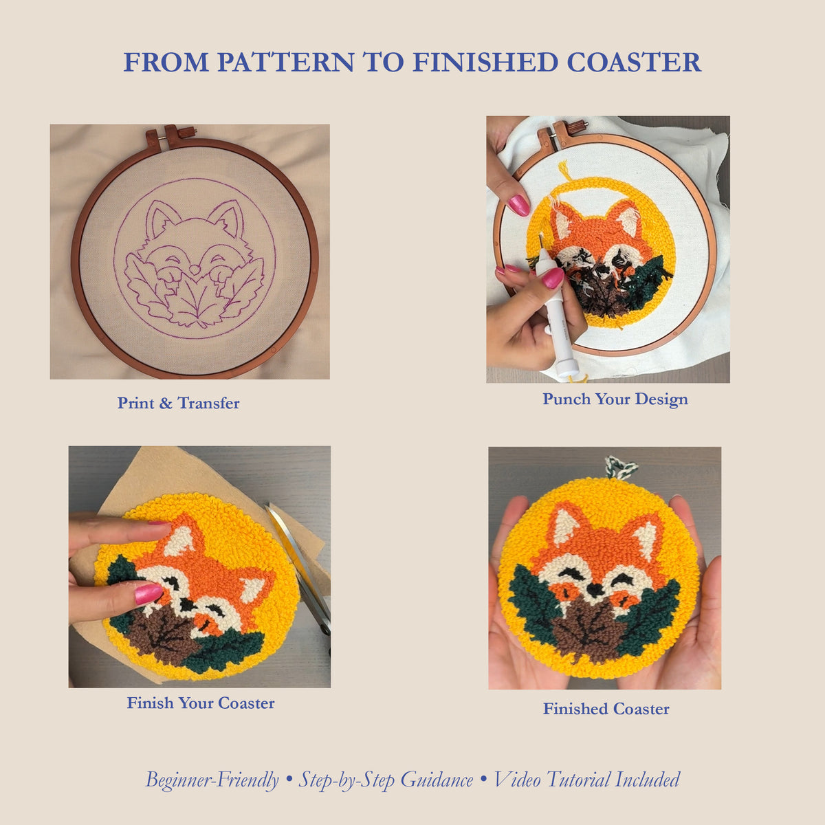 A four-panel infographic titled 'FROM PATTERN TO FINISHED COASTER' showing the process of creating a punch needle coaster. The panels show a fox pattern transfer, punching the design, and holding both a partially finished and fully finished yellow, orange, and green punch needled fox coaster in hands.
