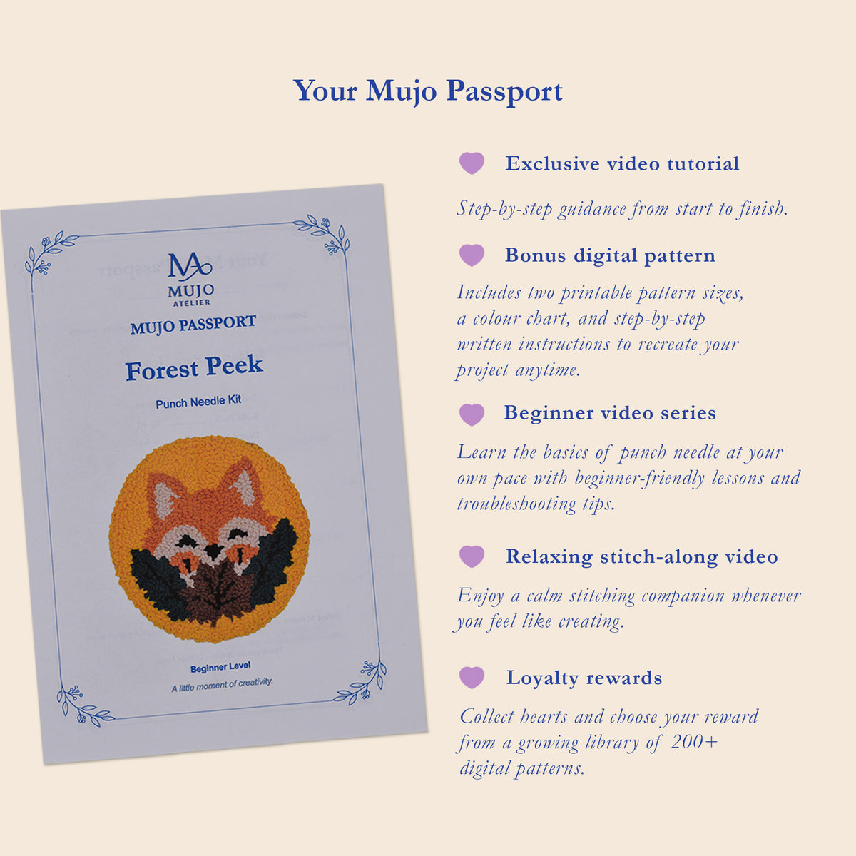 Promotional graphic for the Mujo Passport Forest Peek Punch Needle Kit, showing the front cover of the physical kit on the left and a list of digital and video included features on the right, set against a solid pale beige background.