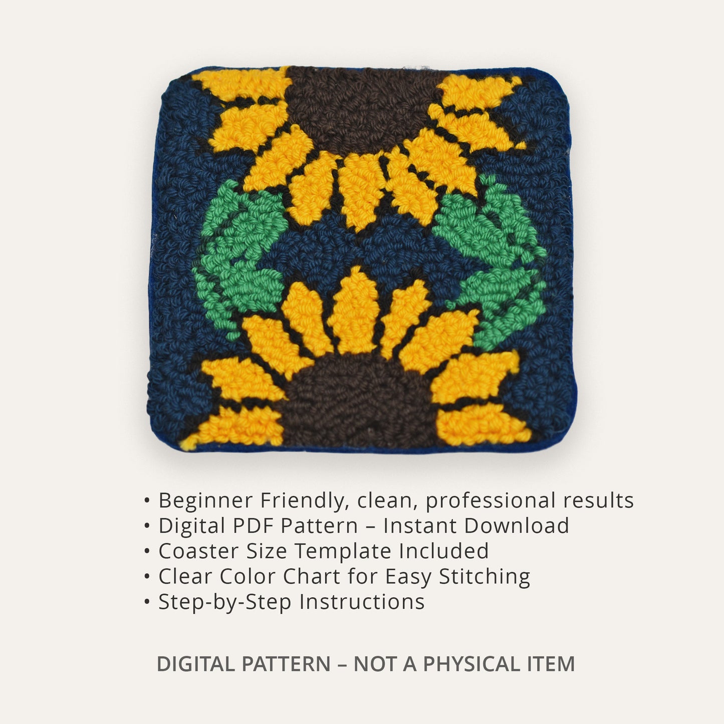 Handmade punch needle coaster featuring a golden floral motif on a deep green background, with raised looped texture and soft wool yarn finish.