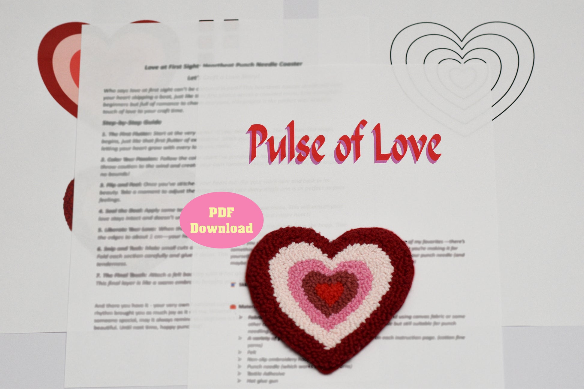 Heart-shaped patch on a document with 'Pulse of Love' text and PDF download button.