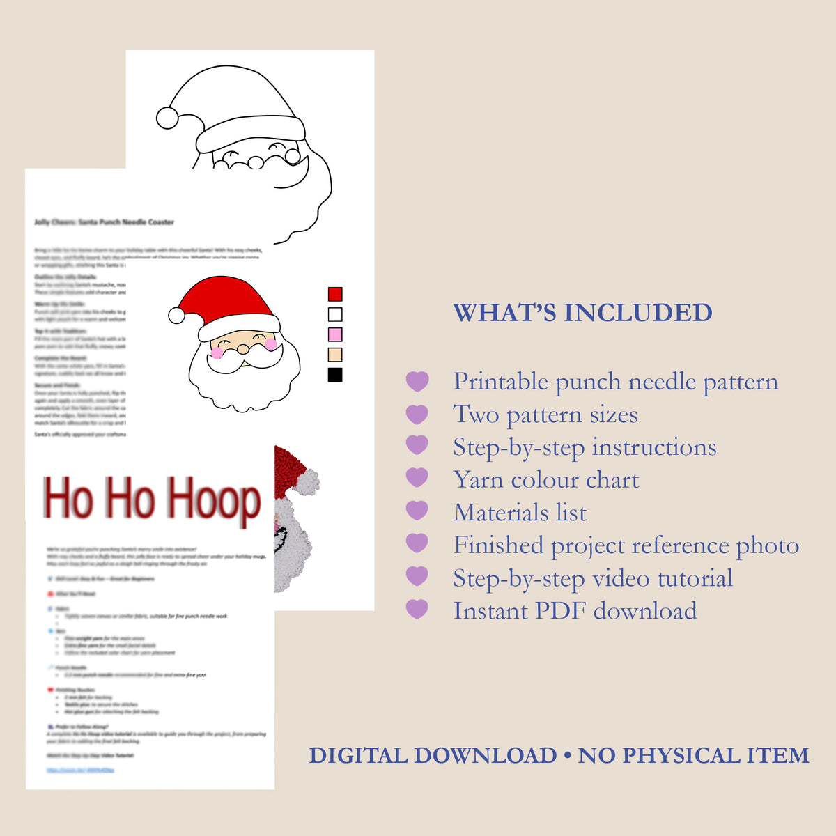Punch Needle Pattern, Santa Claus Christmas Coaster PDF with Video Tutorial