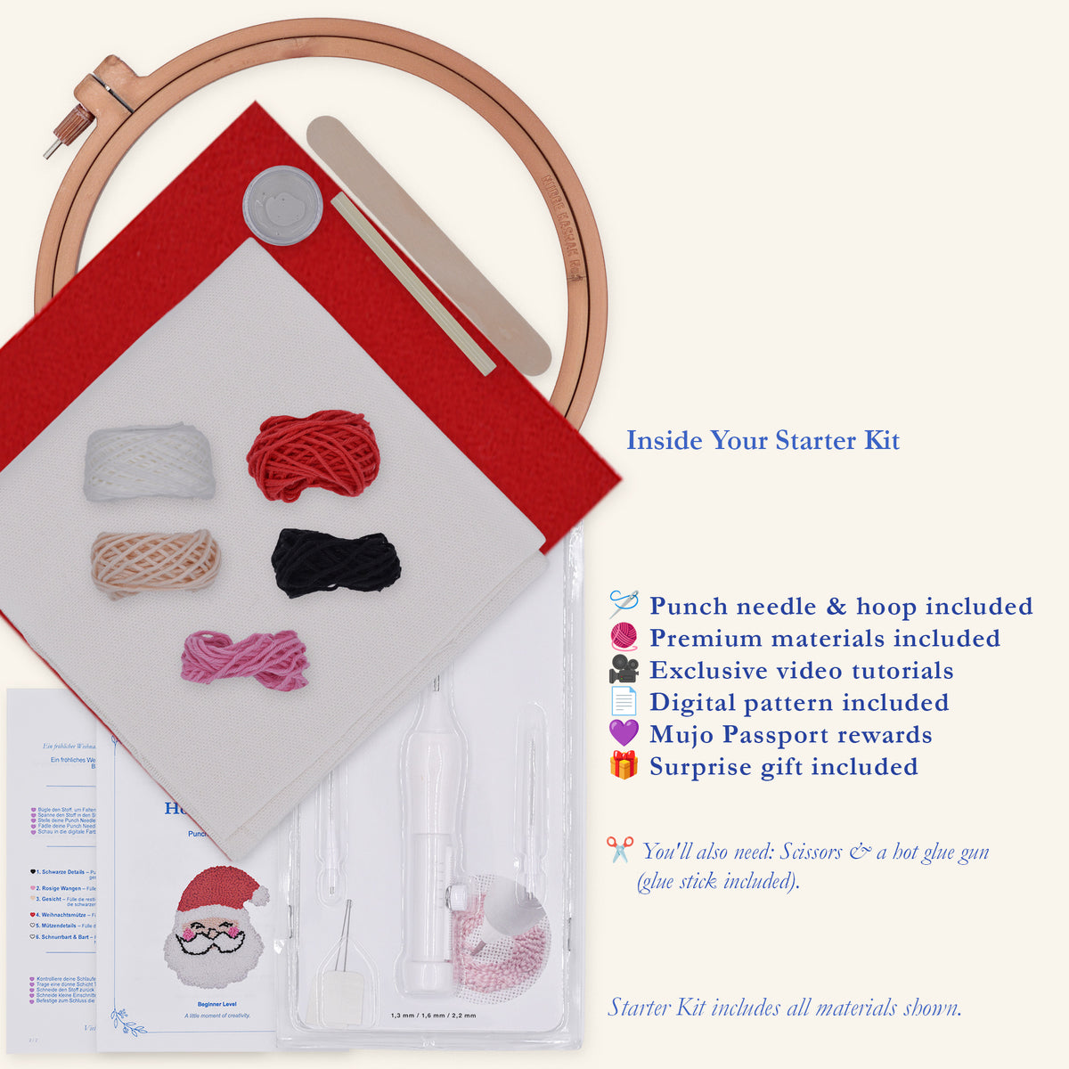Santa punch needle DIY kit with finished Christmas Santa coaster, embroidery hoop, punch needle, five cotton yarn colours, canvas fabric, red felt backing and Mujo Atelier instruction booklet.