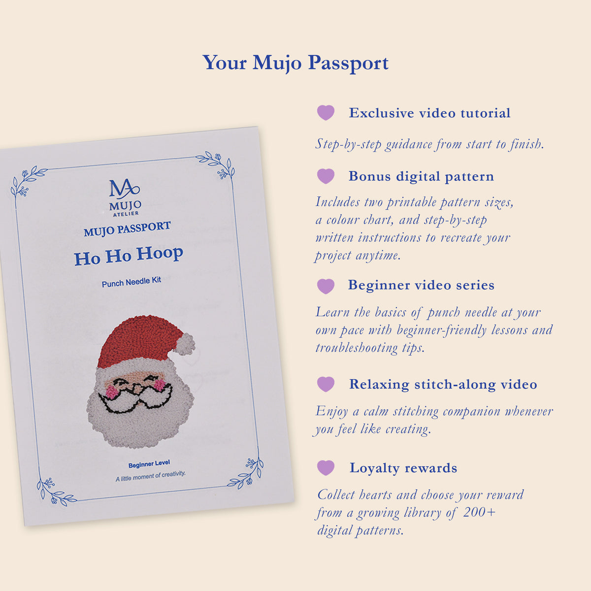 Promotional graphic for the Mujo Passport Ho Ho Hoop Punch Needle Kit, showing the front cover of the kit on the left and a list of included features on the right against a light beige background.