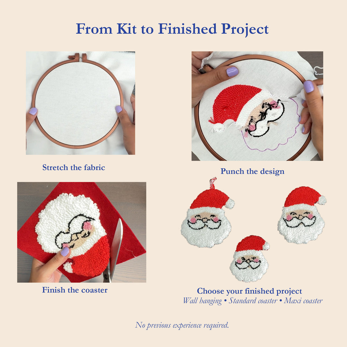 An instructional collage titled 'From Kit to Finished Project' showing steps and options for a Christmas-themed embroidery coaster kit. The panels show hands stretching white fabric in an embroidery hoop, punching a Santa face design into the fabric, finishing a red-and-white coaster, and choosing finished project sizes: wall hanging, standard coaster, and maci coaster.