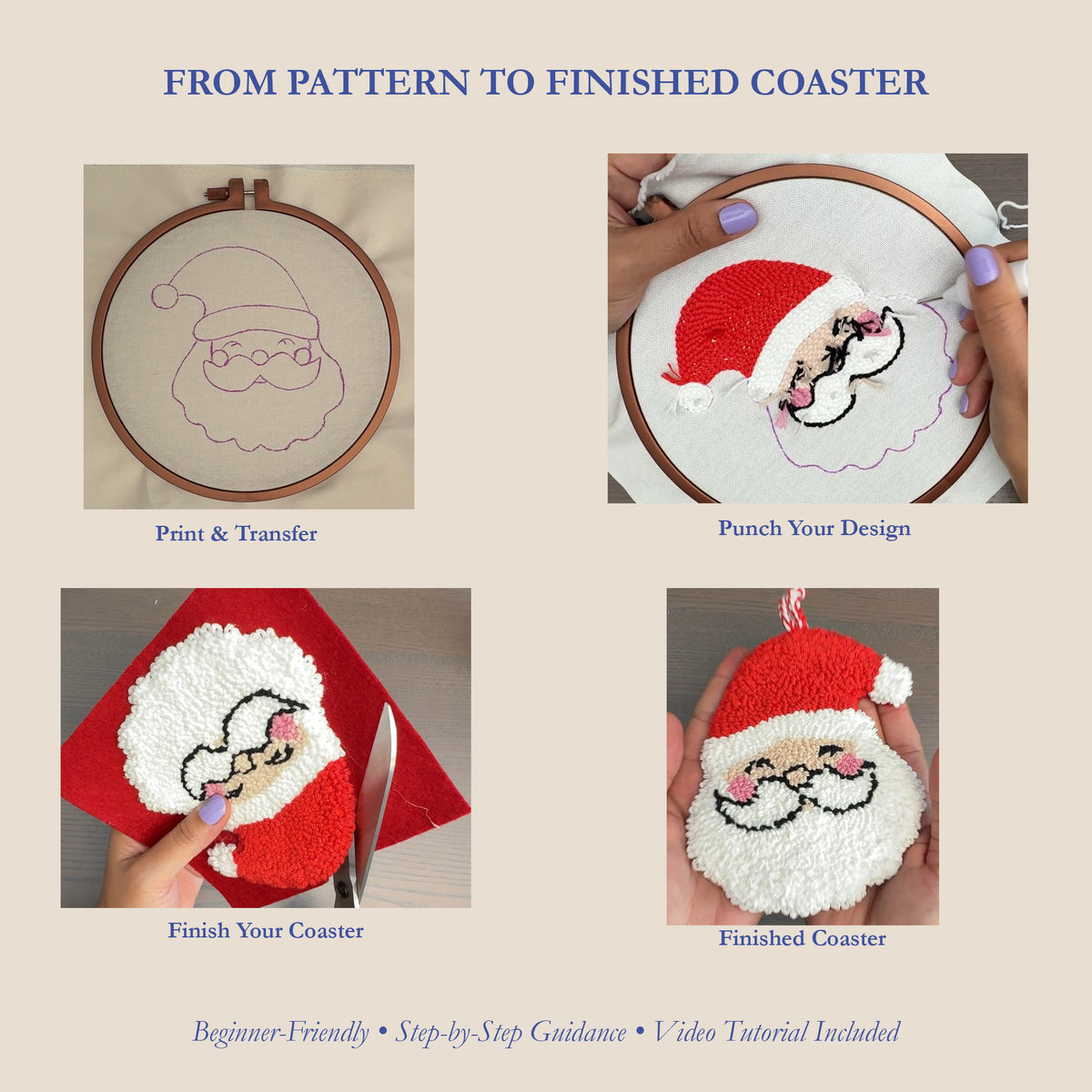 Punch Needle Pattern, Santa Claus Christmas Coaster PDF with Video Tutorial