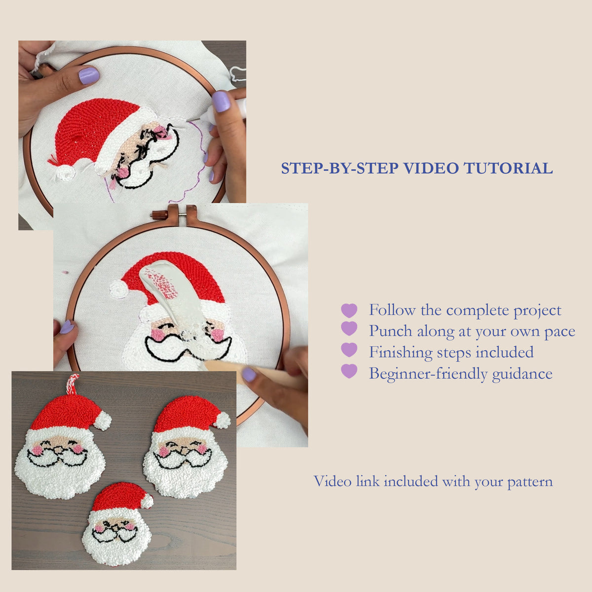 Punch Needle Pattern, Santa Claus Christmas Coaster PDF with Video Tutorial