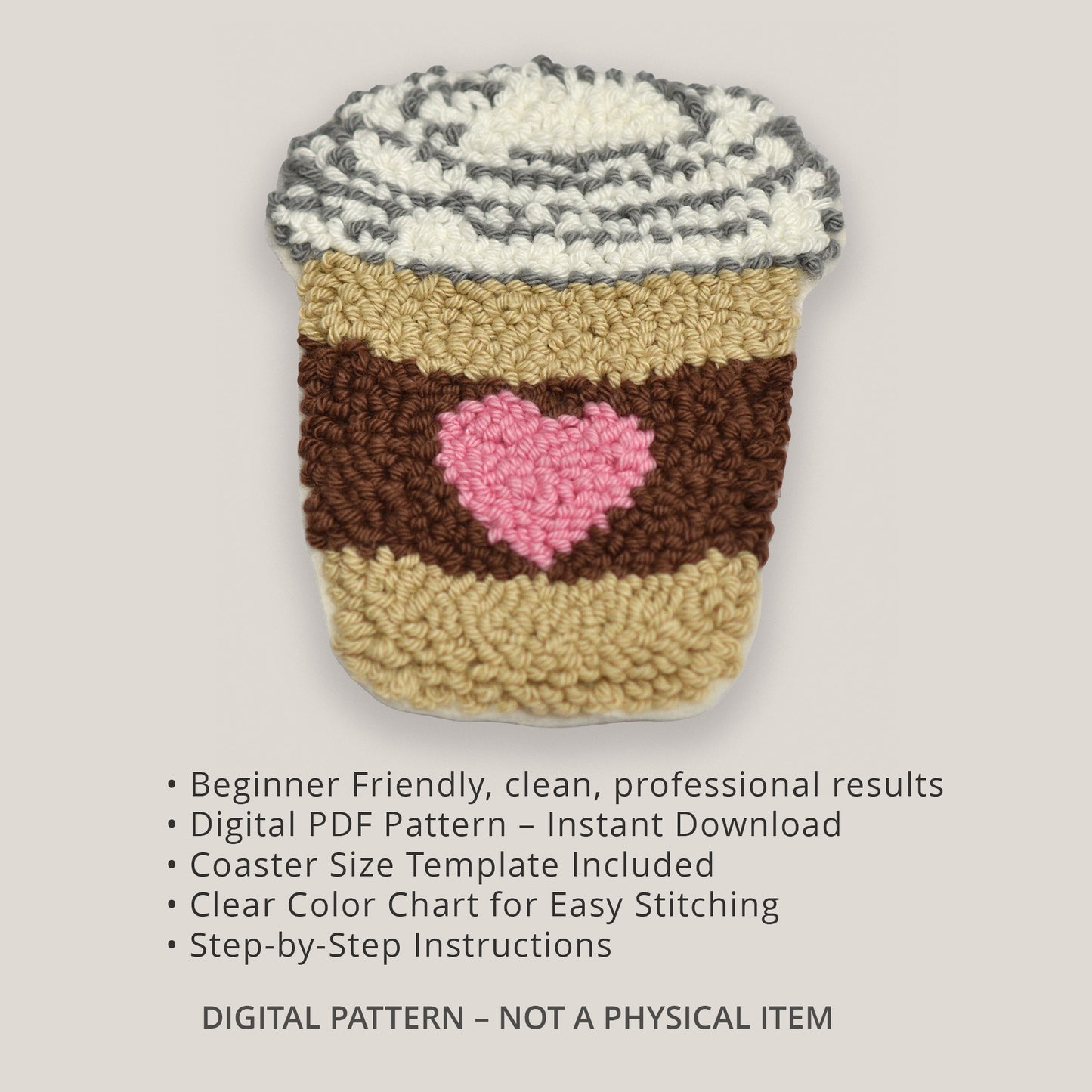 Punch needle coffee cup coaster pattern with a pink heart detail, shown as a clean second listing image with beginner-friendly features and digital PDF pattern information.