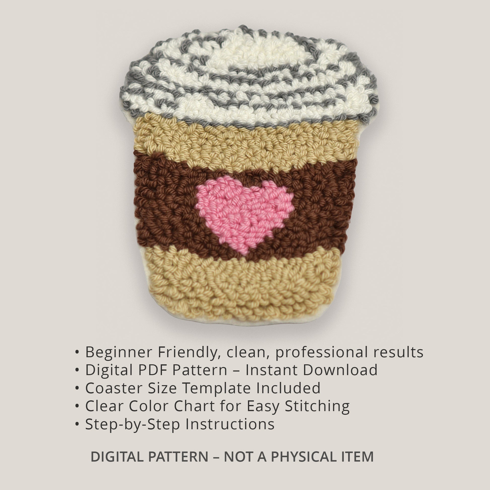 Punch needle coffee cup coaster pattern with a pink heart detail, shown as a clean second listing image with beginner-friendly features and digital PDF pattern information.