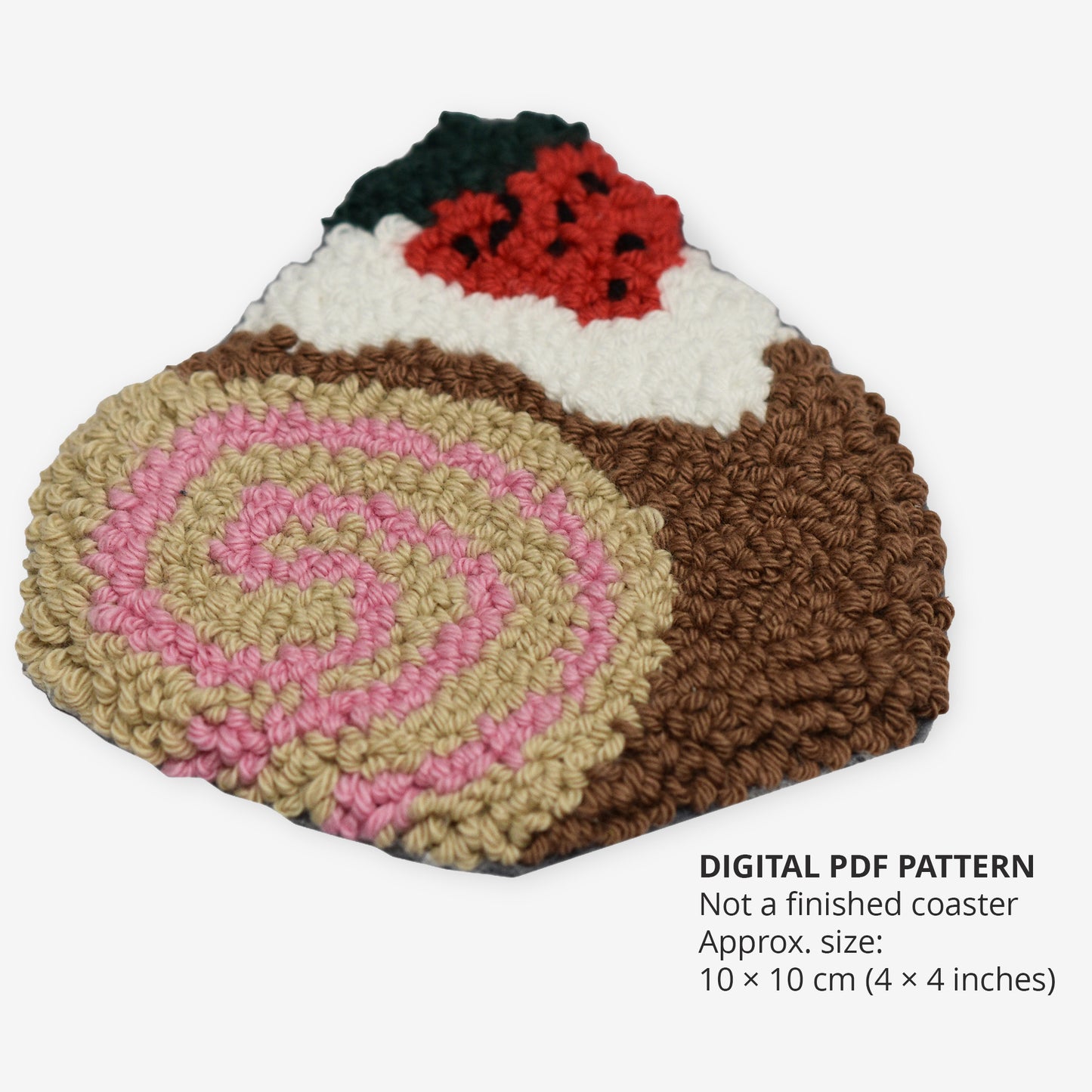 Jam roll punch needle coaster digital pattern PDF, textured cake swirl embroidery design, beginner friendly punch needle coaster tutorial, 10x10 cm