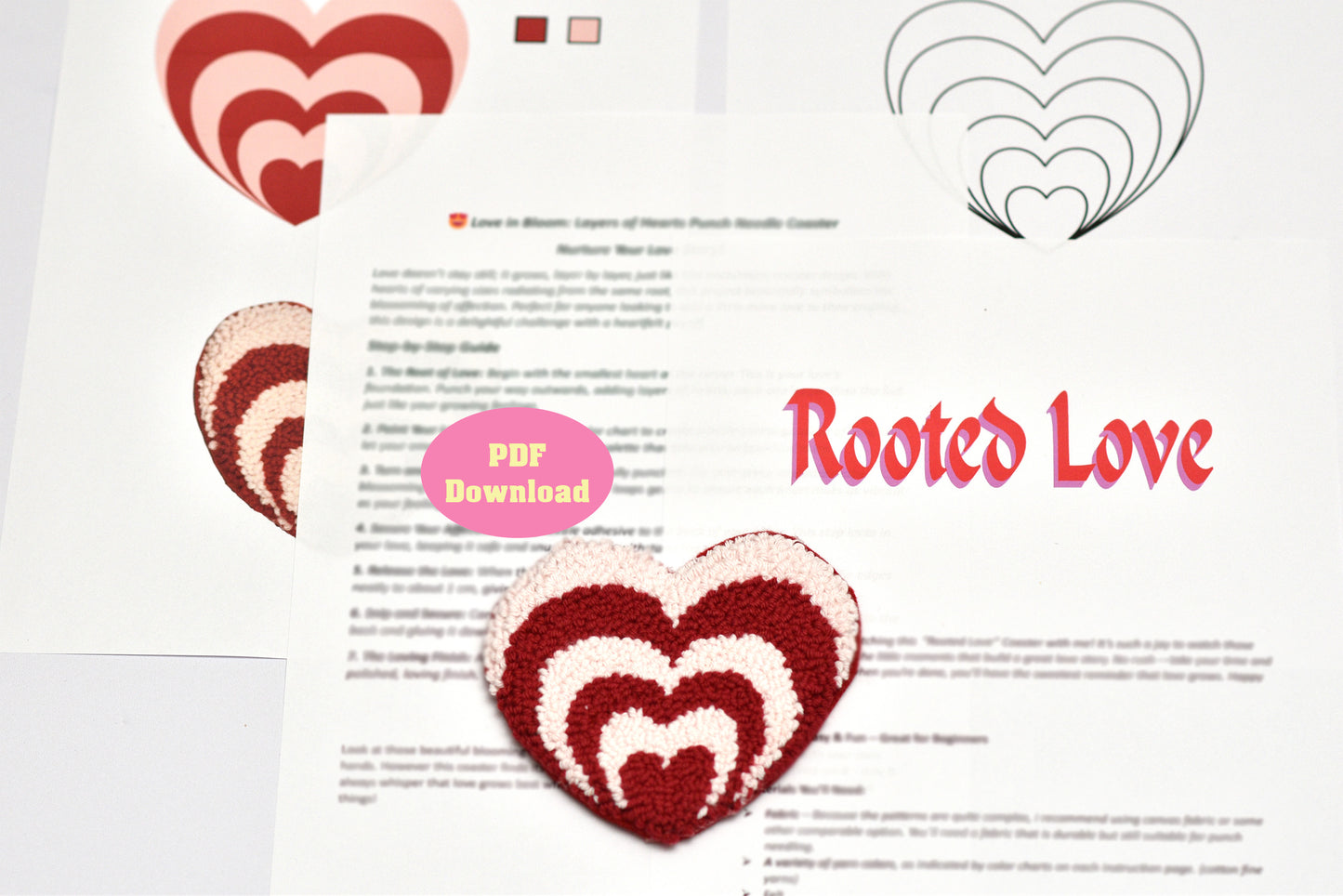Heart-shaped crochet pattern with 'Rooted Love' branding on a white background
