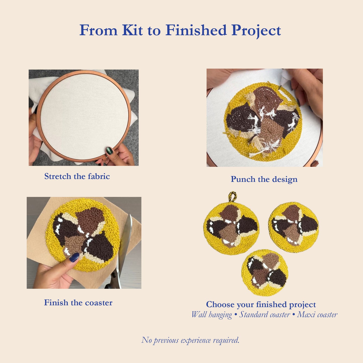 Nutty Warmth chestnut punch needle kit showing fabric setup, punching and finishing steps, with wall hanging, standard coaster and maxi coaster options.