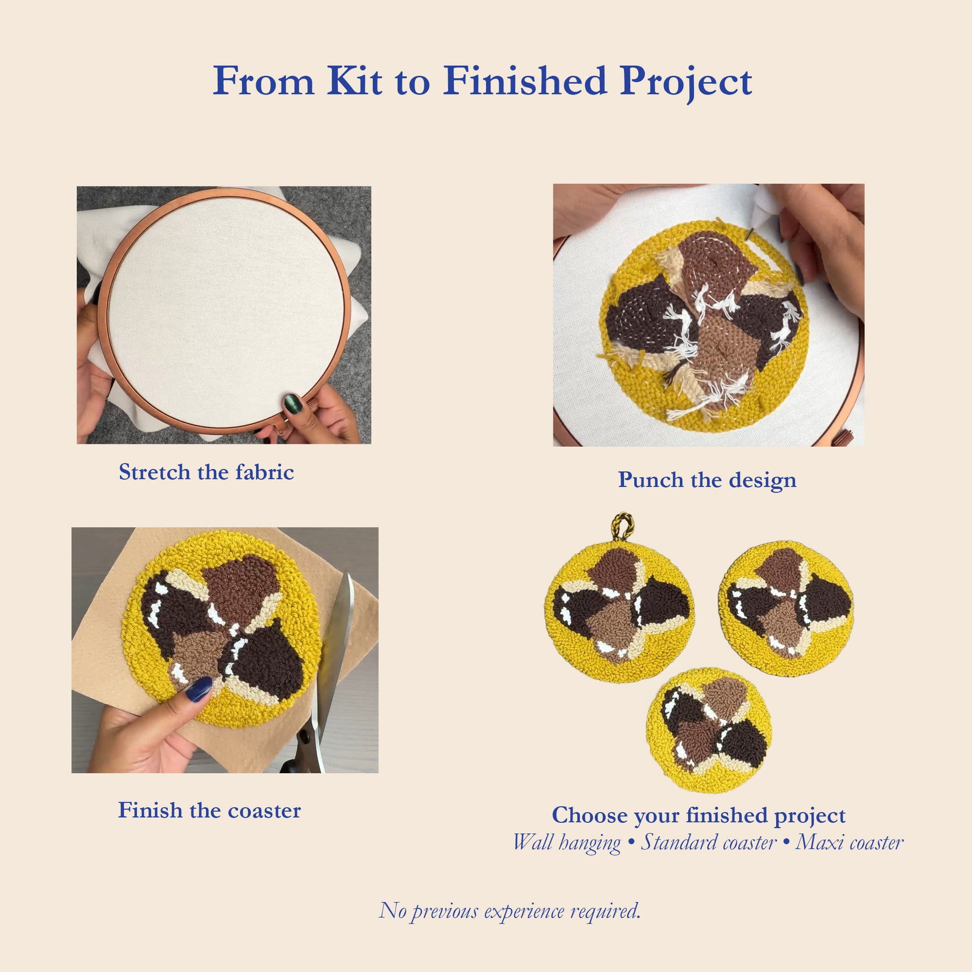 Nutty Warmth chestnut punch needle kit showing fabric setup, punching and finishing steps, with wall hanging, standard coaster and maxi coaster options.