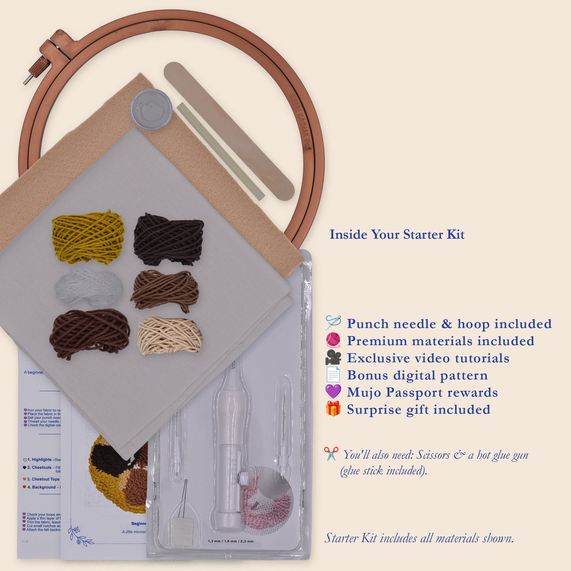 Nutty Warmth chestnut punch needle starter kit showing embroidery hoop, punch needle, six yarn colours, fabric, felt, glue and materials, with video tutorials and digital pattern included.