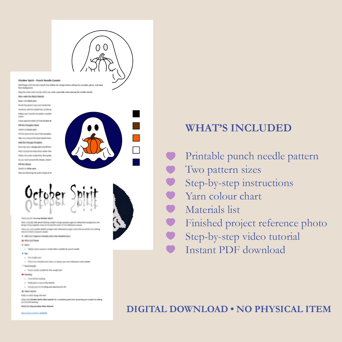 Digital product listing graphic for an October Spirit punch needle pattern. The graphic shows sample pattern pages, a color chart, and a checklist of included items such as printable punch needle patterns, two pattern sizes, step-by-step instructions, a yarn color list, and a finished project reference photo.