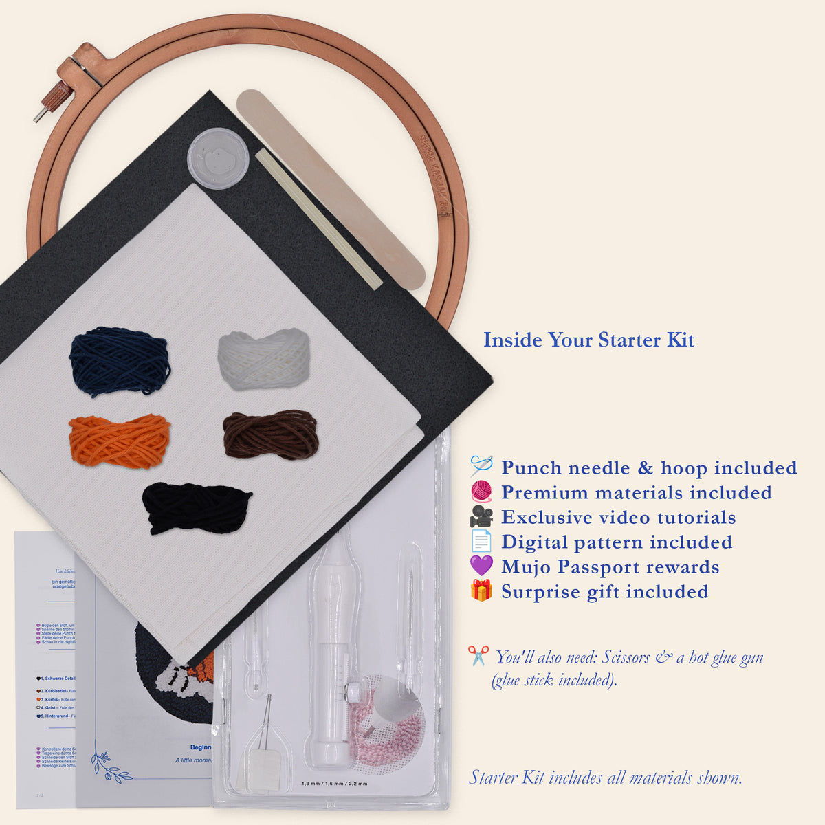 Punch needle starter kit laid out on a cream background, including a wooden hoop, black fabric, multiple yarn colors, a clear storage case with tools, printed materials, and descriptive text listing included items and bonuses.