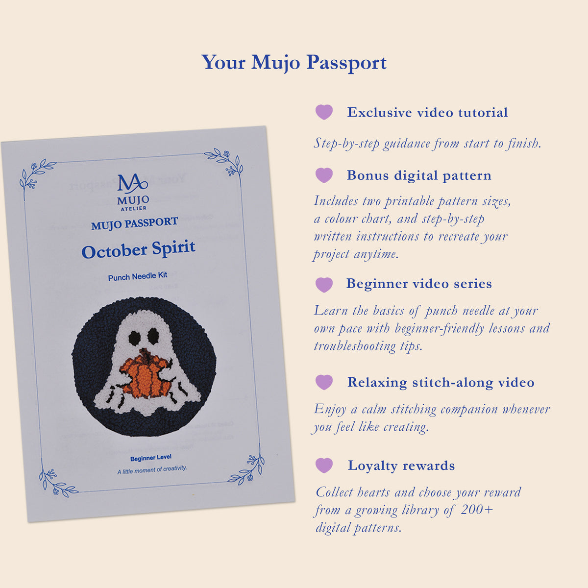 Promotional graphic for the Mujo Atelier 'October Spirit' Punch Needle Kit, showing the physical pattern book on the left and a list of digital and video benefits on the right against a light beige background.