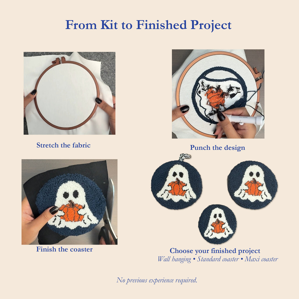 An instructional infographic titled 'From Kit to Finished Project' showing step-by-step how to use a Halloween-themed punch needlepoint kit. The panels demonstrate stretching fabric, punching a ghost and pumpkin design, finishing a coaster, and choosing different finished project sizes (wall hanging, standard coaster, maxi coaster) on a beige background.