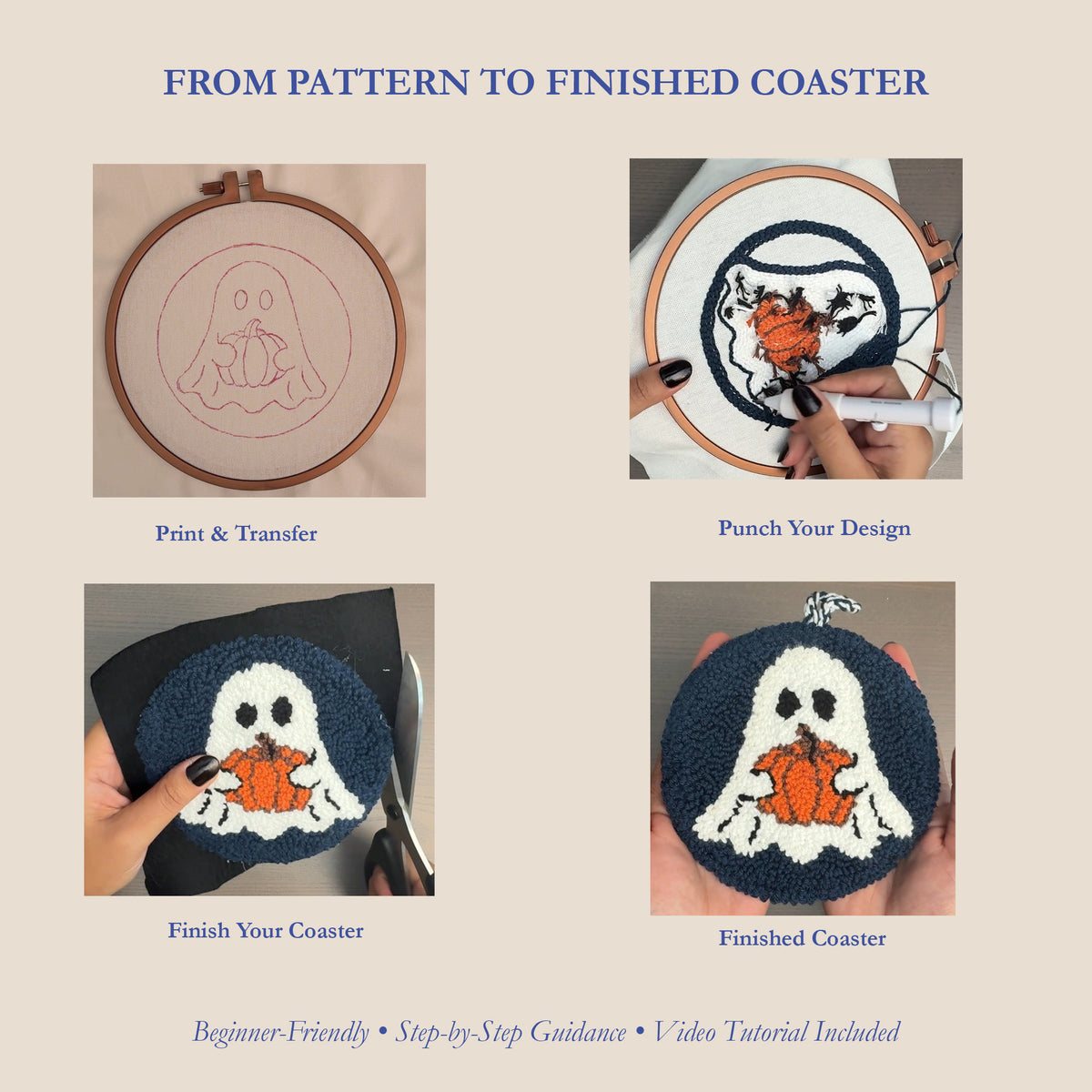 A four-panel infographic titled 'FROM PATTERN TO FINISHED COASTER' showing steps to complete a Halloween-themed punch needle coaster: print and transfer a ghost-and-pumpkin pattern, punch the design, finish the coaster, and show the finished product held in hands.