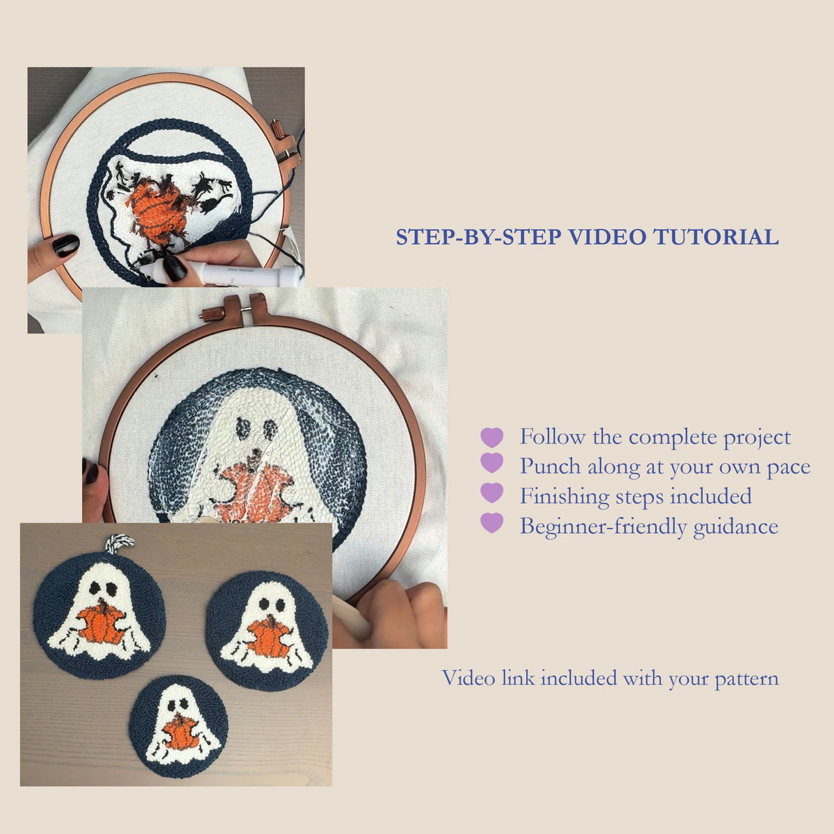 Promotional graphic for a ghost and pumpkin punch needle pattern, showing three finished circular embroidered pieces and a collage of steps with text reading 'STEP-BY-STEP VIDEO TUTORIAL' and bullet points about following the project, punching along at your own pace, finishing steps included, and beginner-friendly guidance.