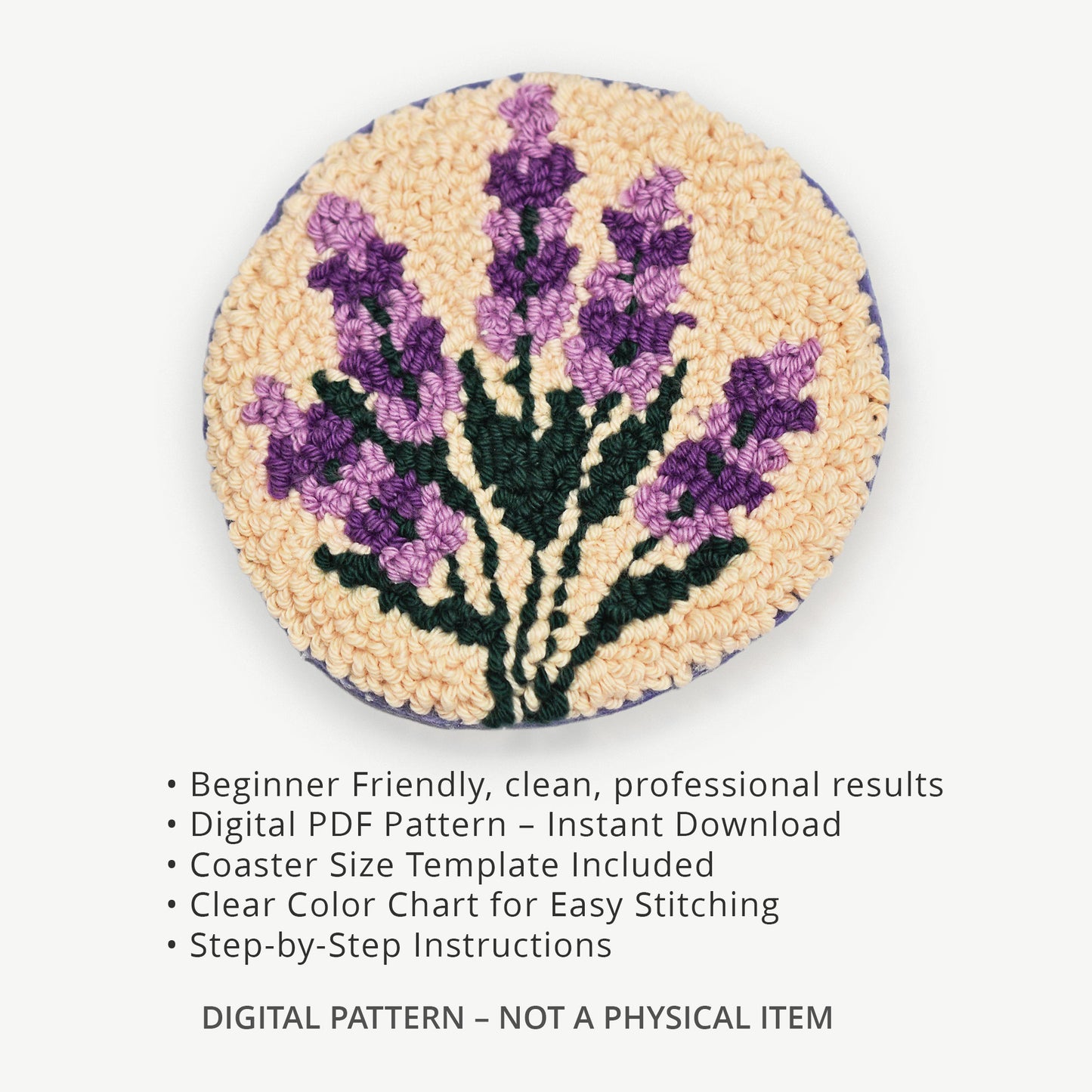 Lavender punch needle coaster digital pattern preview, floral punch needle embroidery design with purple flowers, beginner-friendly PDF tutorial and color chart included.