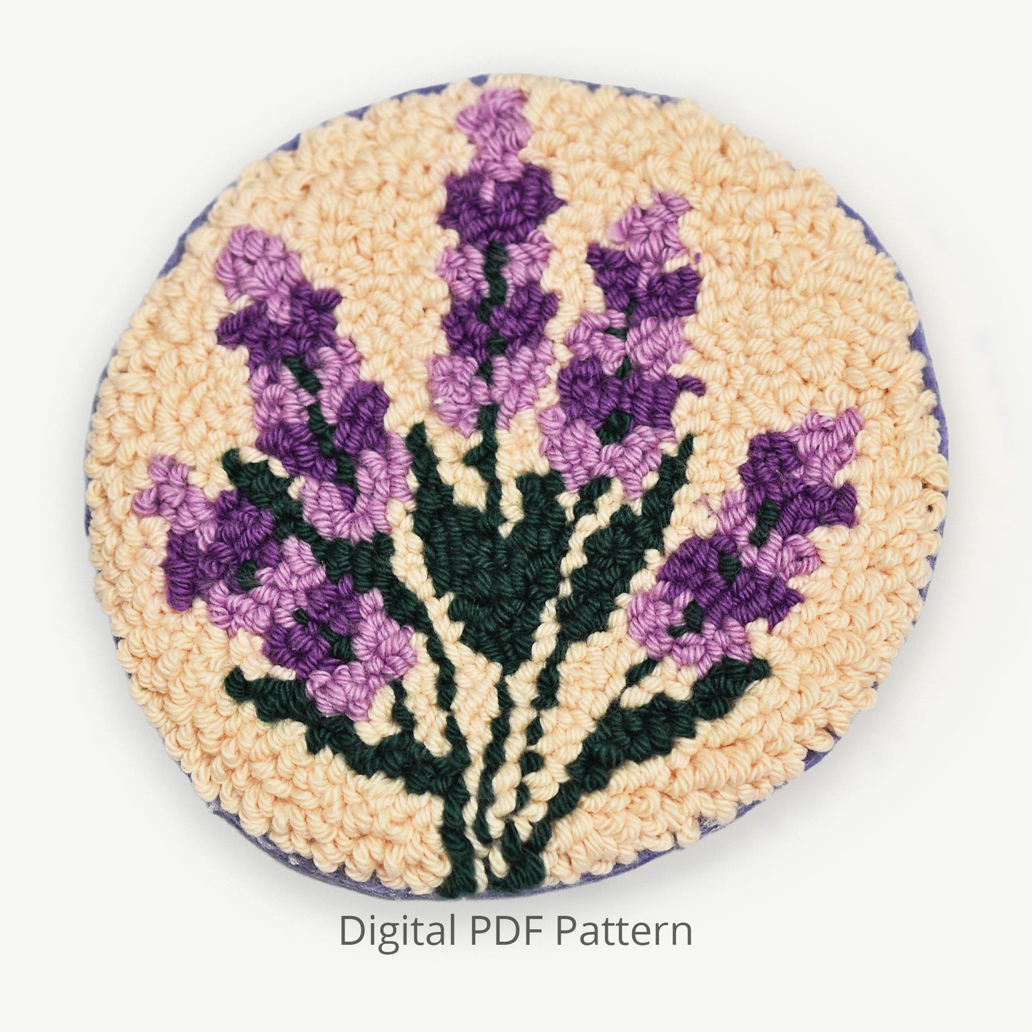 Lavender bouquet punch needle coaster pattern shown on a cream background, featuring purple lavender flowers with green stems, beginner-friendly digital PDF embroidery design.