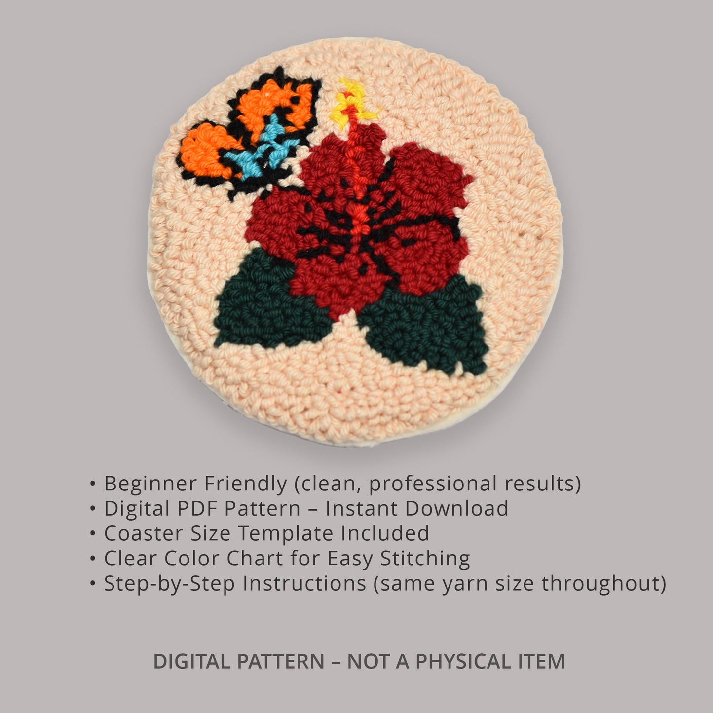 Punch needle coaster pattern preview showing a finished floral coaster with a red flower, green leaves, and butterfly on a neutral background, with text highlighting beginner-friendly digital PDF pattern, color chart, coaster-size template, and step-by-step instructions.