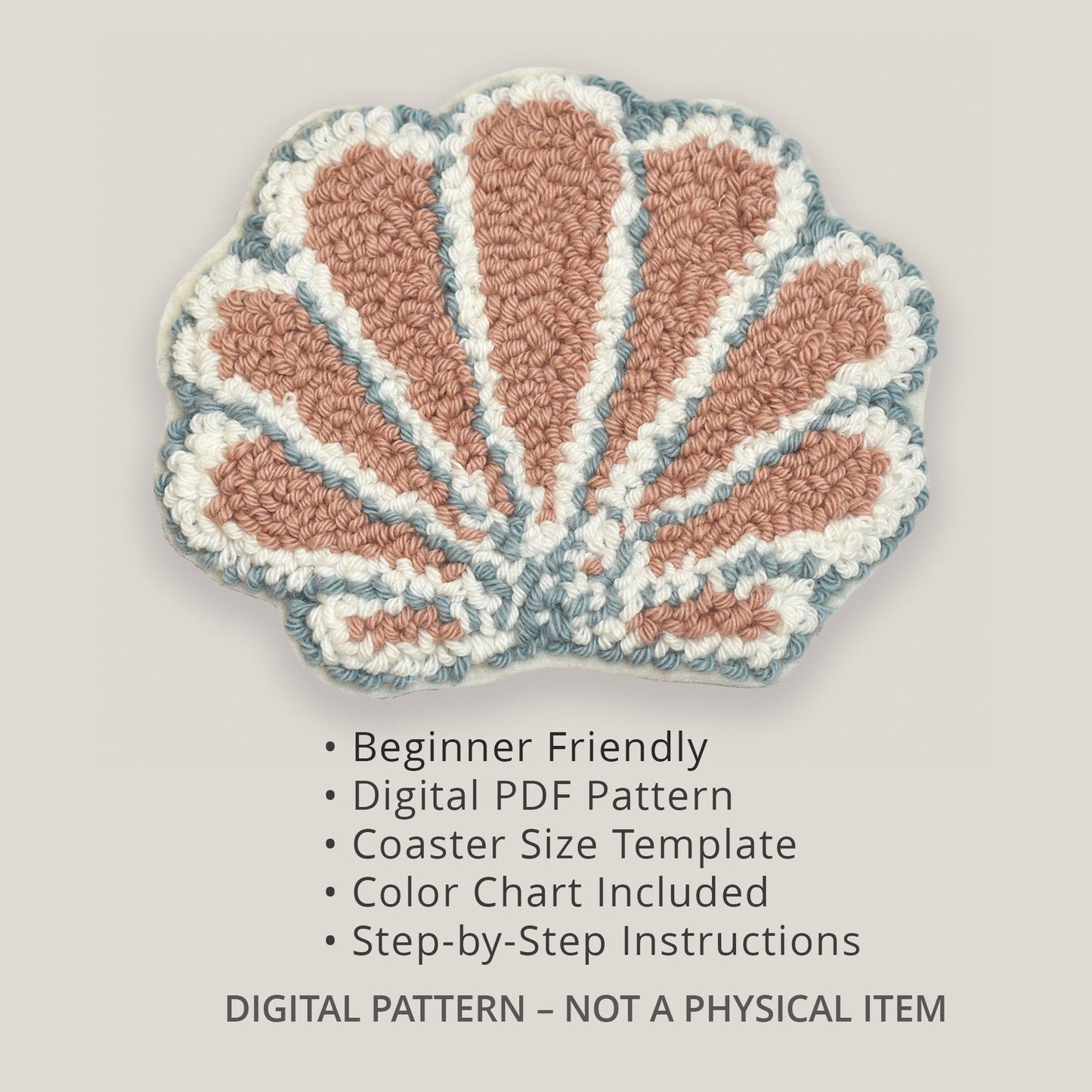 Handmade style punch needle seashell coaster pattern, beginner friendly digital PDF with color chart and template