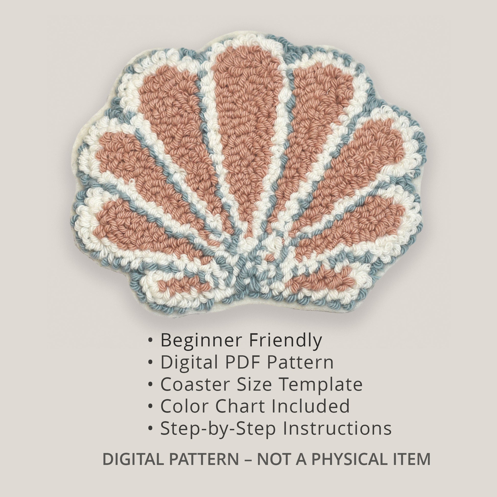 Handmade style punch needle seashell coaster pattern, beginner friendly digital PDF with color chart and template