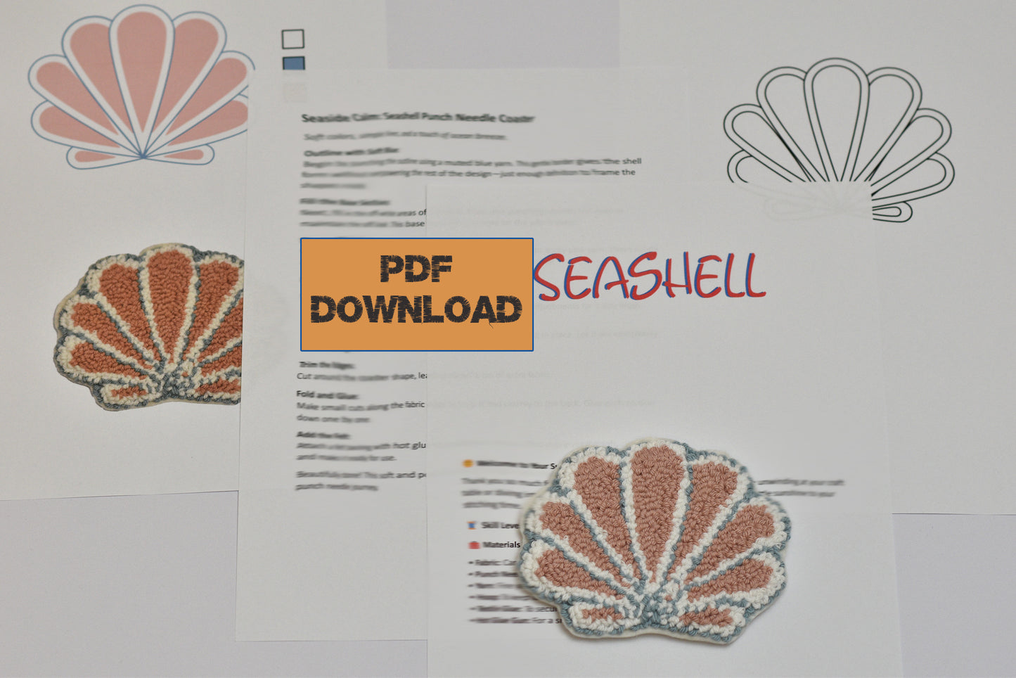 Seashell design with PDF download text on a white background