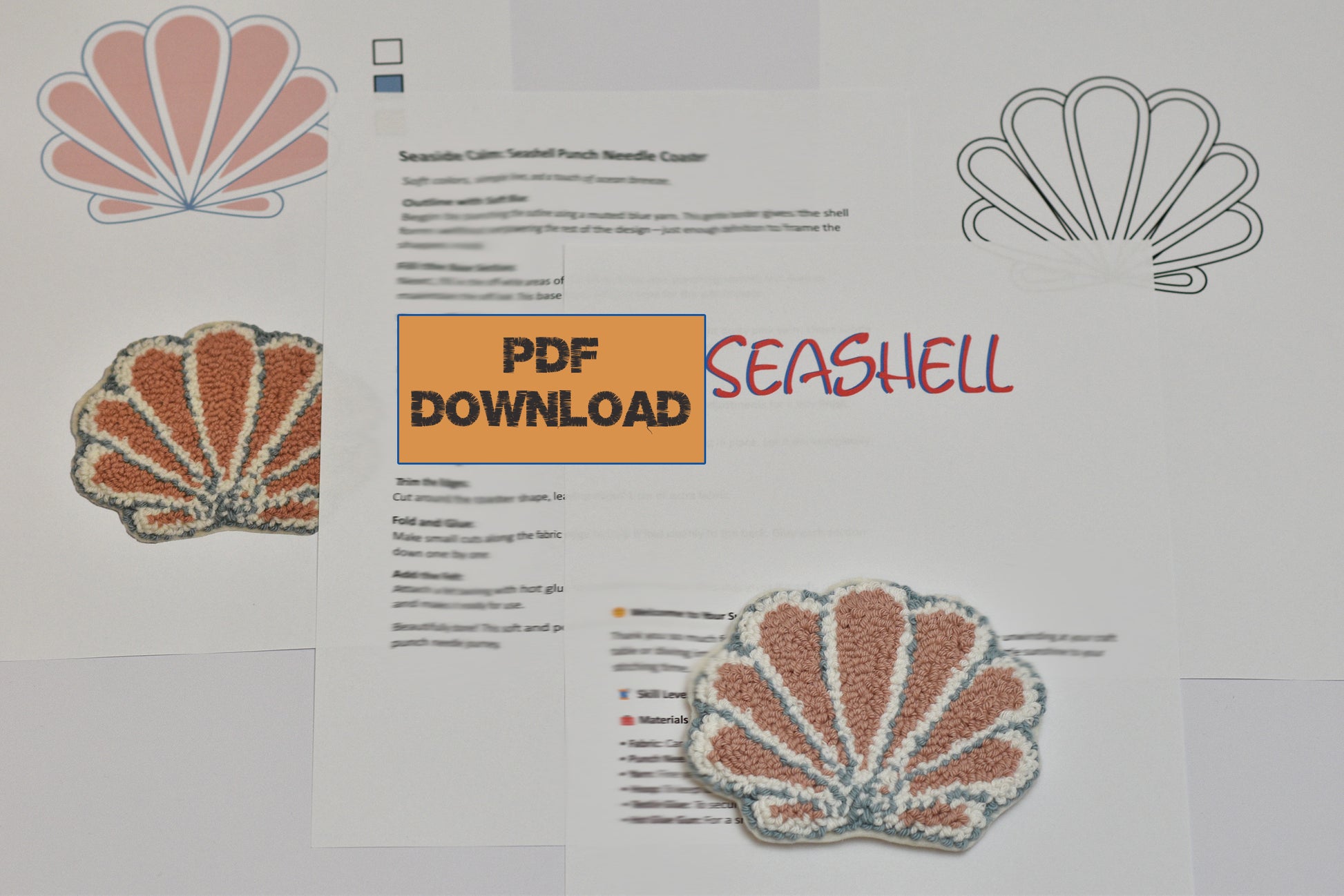 Seashell design with PDF download text on a white background