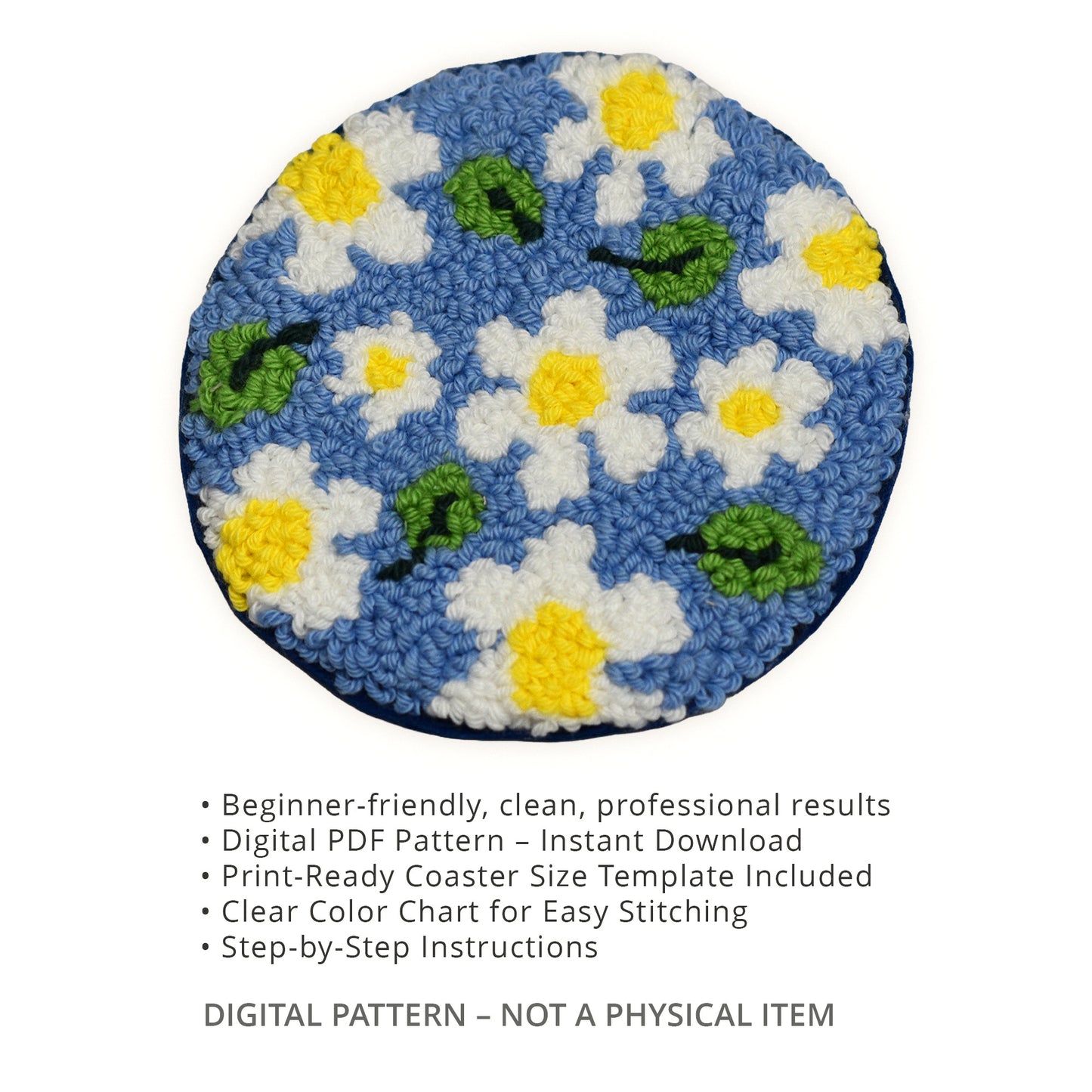 Floral punch needle coaster with white daisies and green leaves on a blue background, shown as a digital PDF pattern.