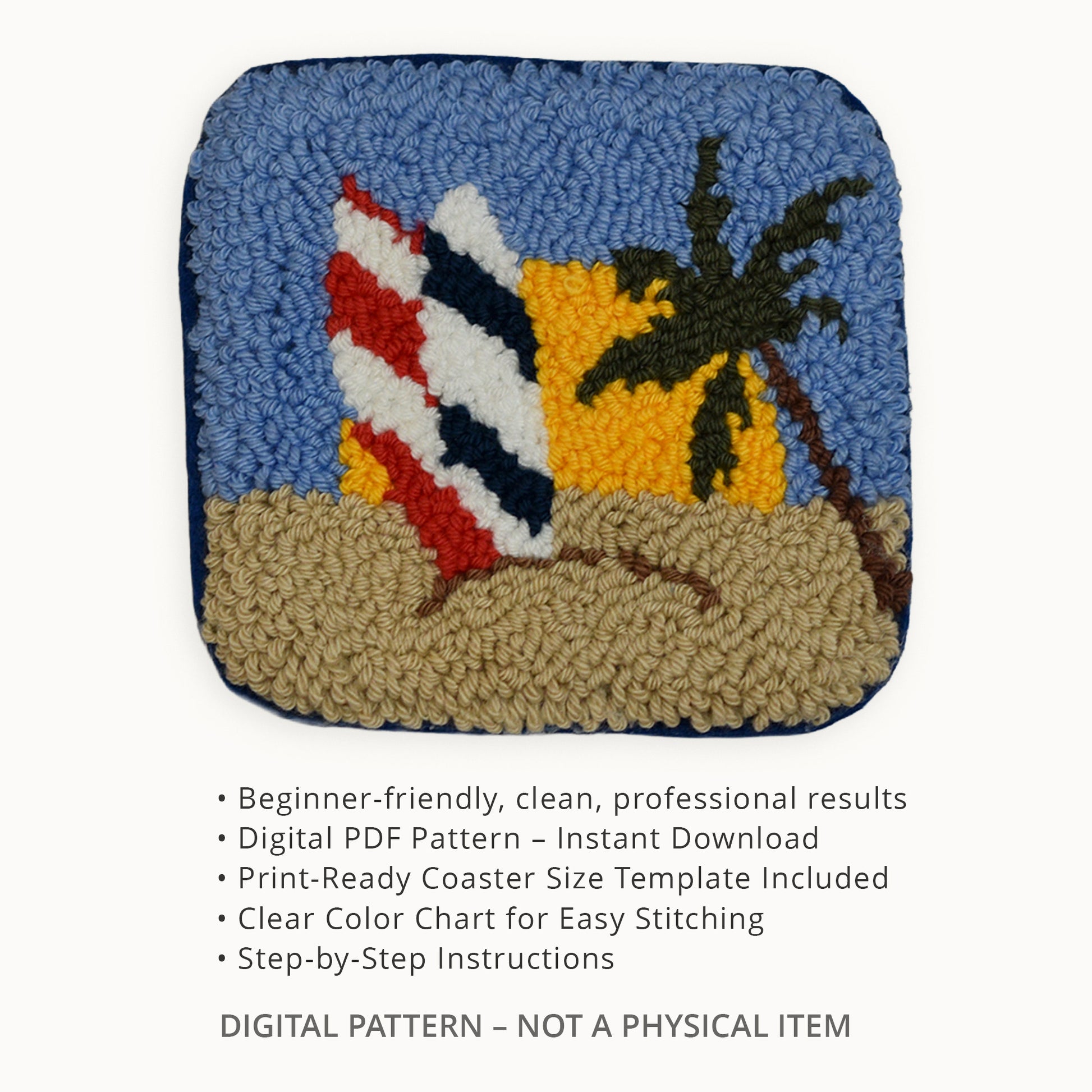 Punch needle coaster with a beach-inspired illustration in textured yarn loops, displayed on a light background as a digital PDF pattern listing image.