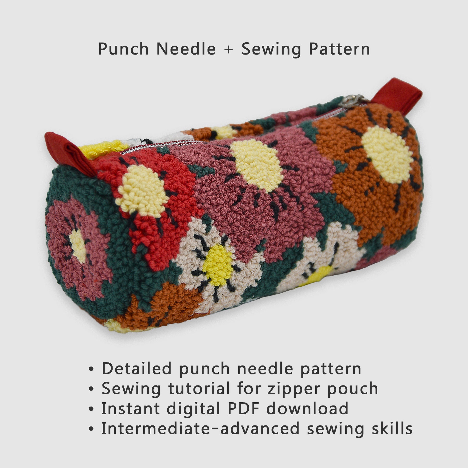 Punch needle and sewing pattern for floral zipper pouch, detailed punch needle design with sewing tutorial, digital PDF download for intermediate to advanced makers.