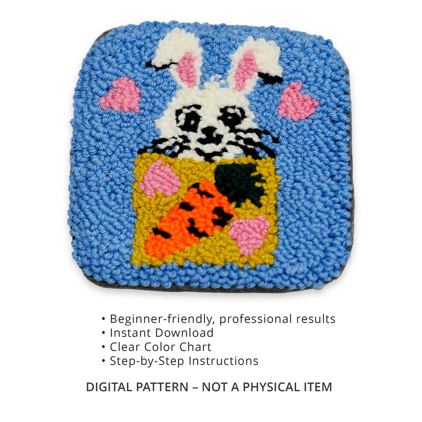 Punch needle bunny in box coaster digital pattern listing details showing beginner friendly instant download with instructions and color chart