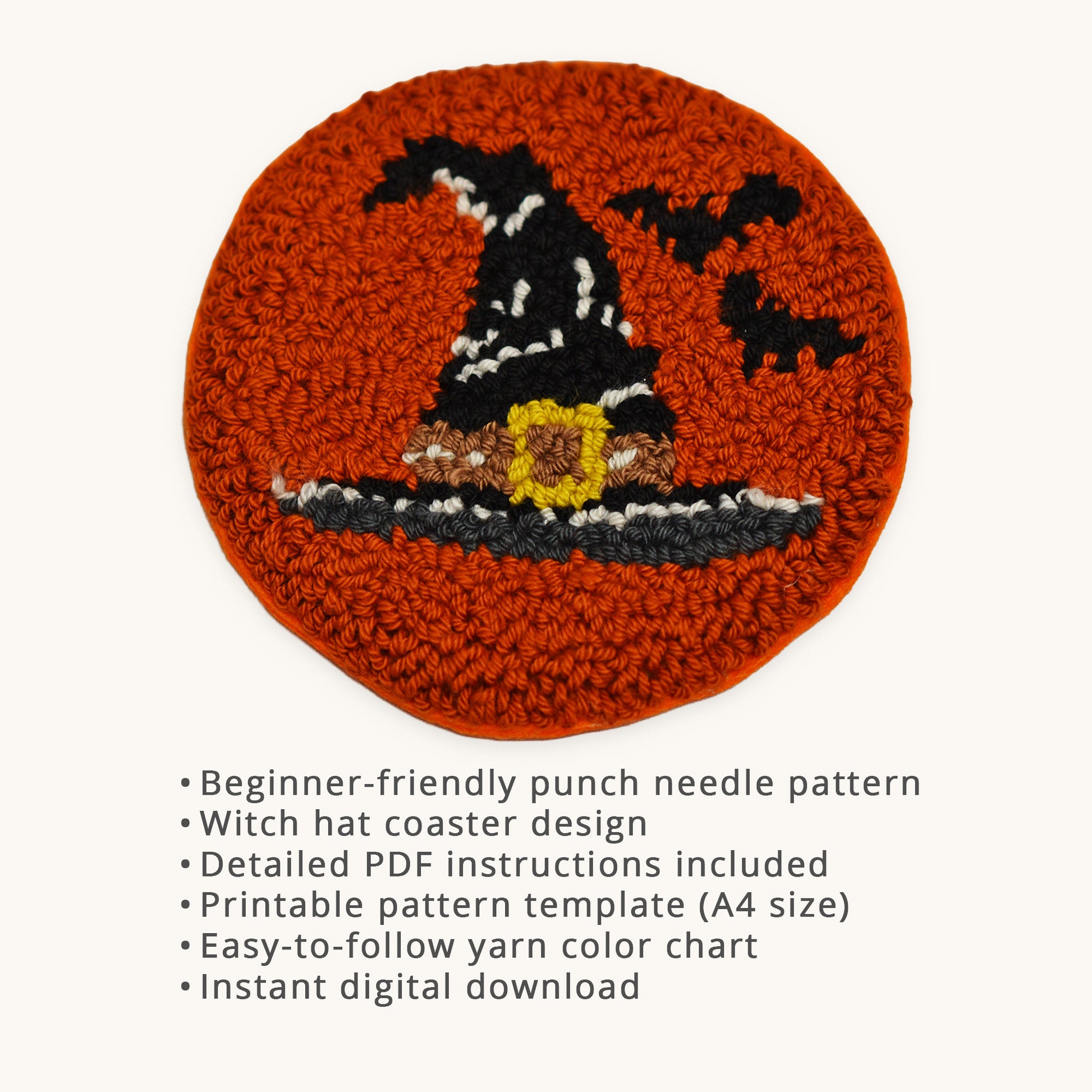 Halloween witch hat punch needle pattern digital PDF. Image shows an orange round coaster with a black witch hat and bat design, alongside key pattern details including beginner-friendly instructions, printable template, yarn color chart, and instant download.