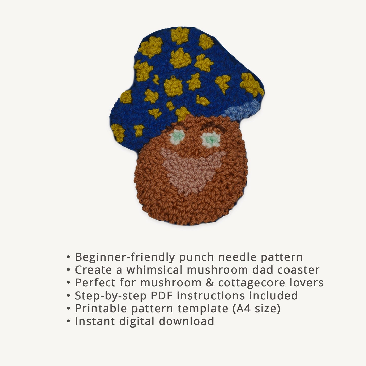 Mushroom Dad Punch Needle Pattern PDF featuring a smiling mushroom character with a royal blue cap and yellow spots. Digital punch needle coaster pattern for beginners with printable template, step-by-step instructions, and instant download.