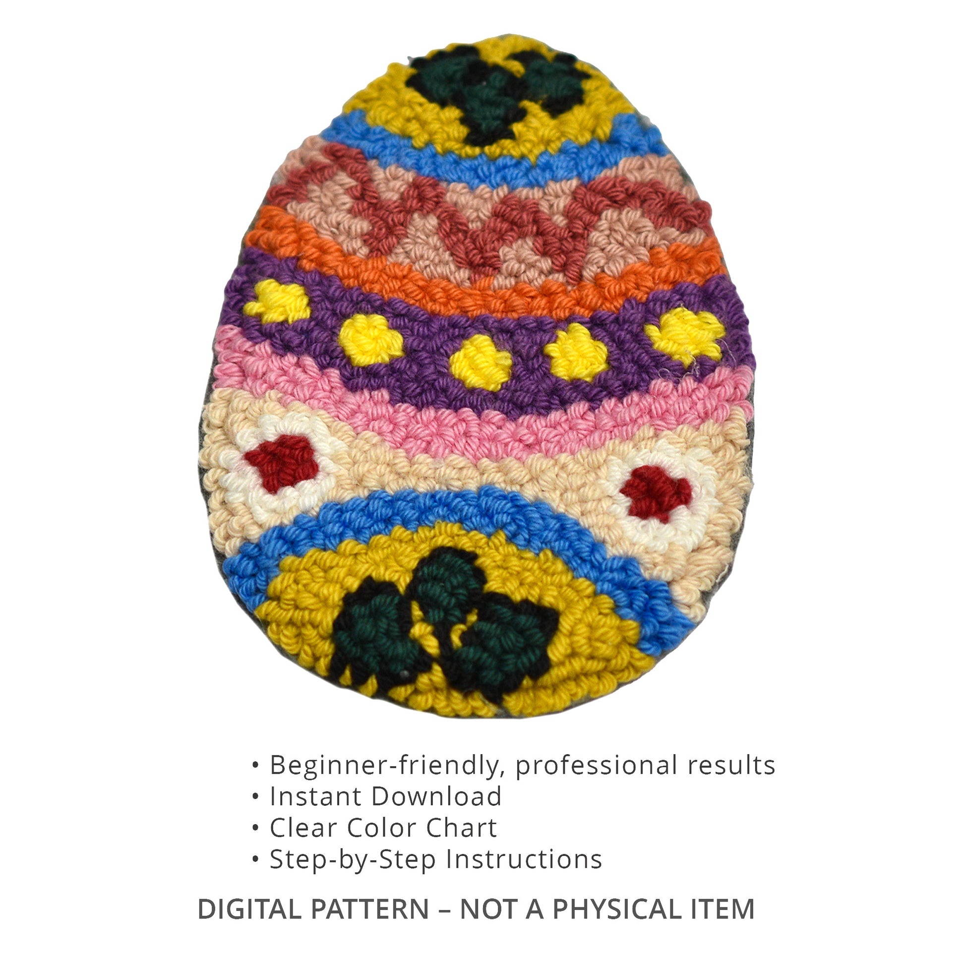 Colorful punch needle Easter egg coaster digital PDF pattern featuring ornamental geometric design in layered spring colors.