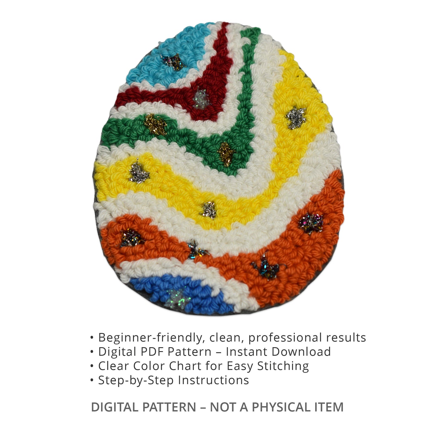 Easter egg punch needle coaster pattern details showing included features, digital PDF download with step-by-step instructions and color chart.